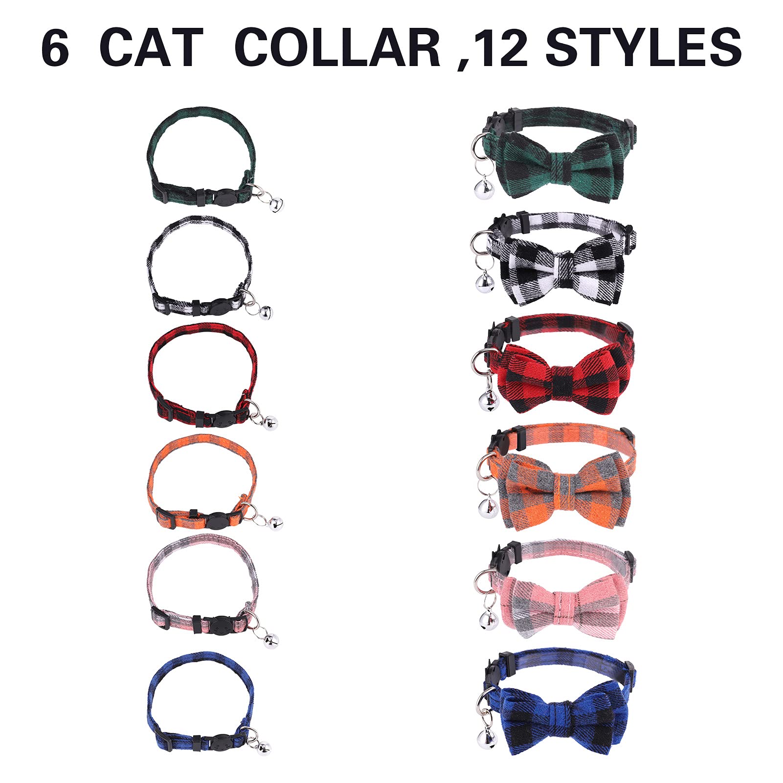 Dragonflydreams 6 Pcs Cat Collars With Bow Tie And Bell,Cat Collars Plaid,Breakaway Adjustable Cat Bow Tie Collars,Cute Bow Tie