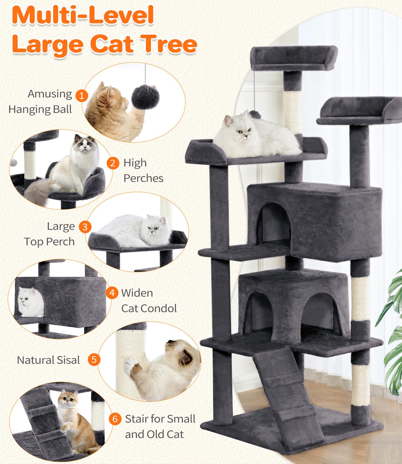 Made4Pets Cat Tree 54in Cat Tower for Indoor Cats Kitten Tree Multi-Level Cat Tree with 2 Condo Furniture Activity Center with S