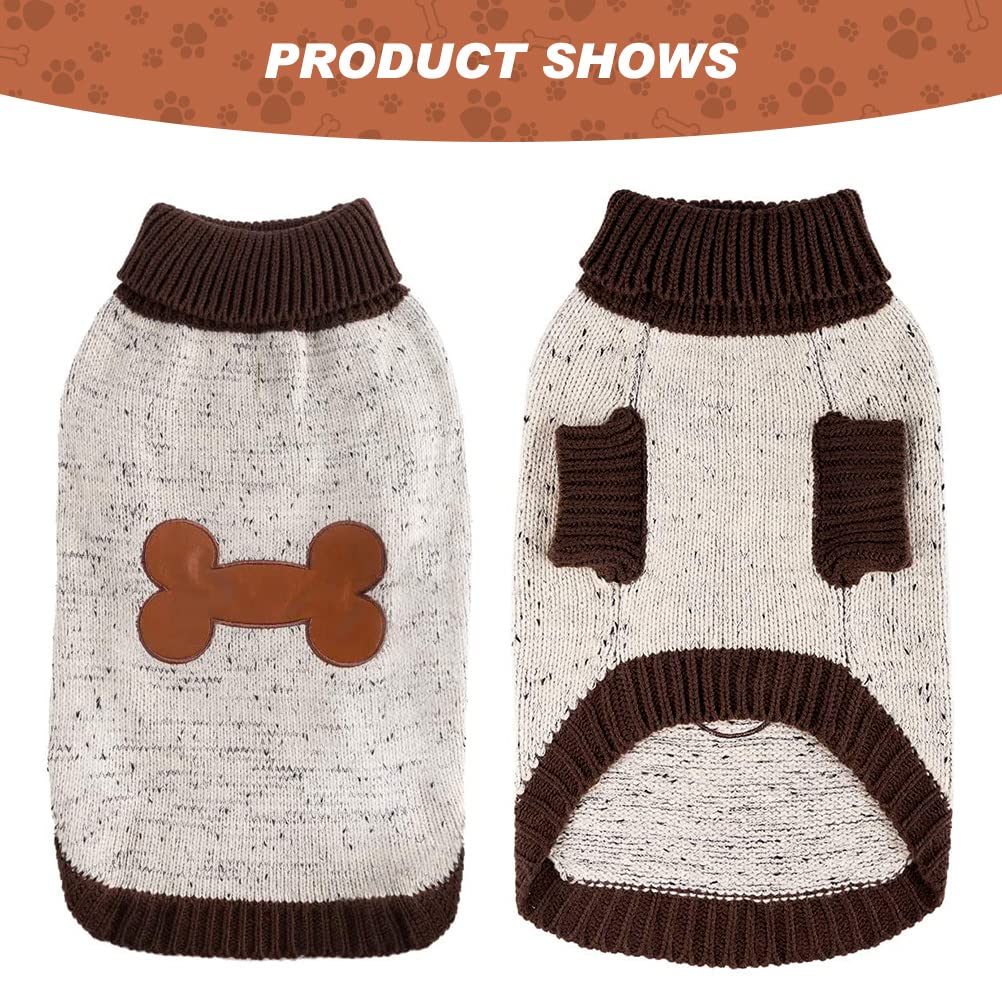 Bingpet Turtle Neck Dog Sweater - Brown Bone Pattern - Puppy Winter Warm Cloth For Small Medium Large Dogs