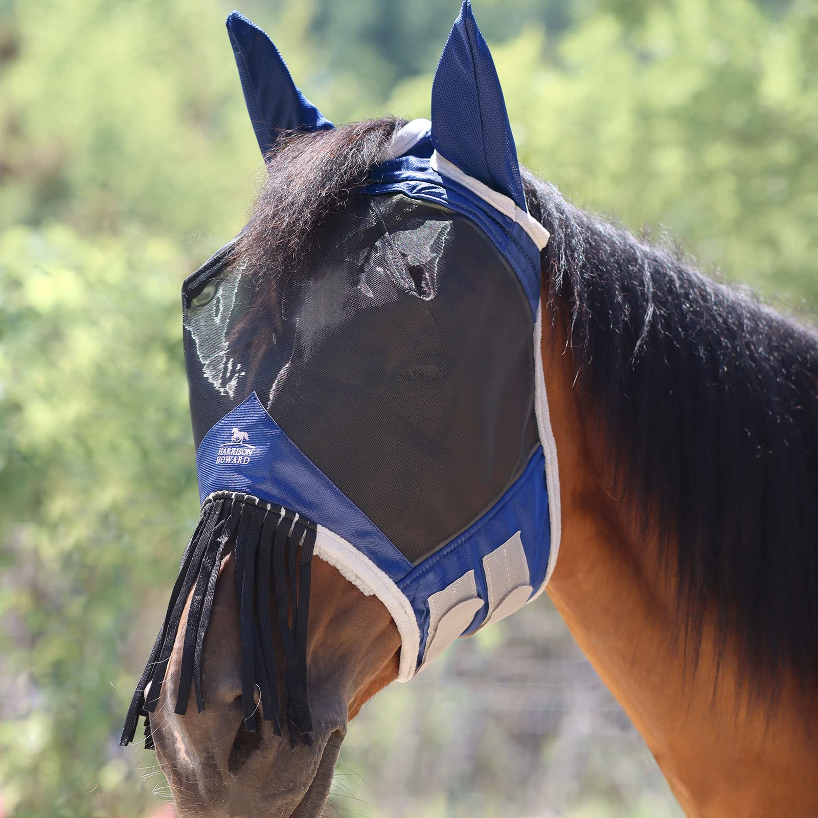 Harrison Howard CareMaster Horse Fly mask with Ears and Nose Fringe Fly Protector Defender Mask Navy Full Size
