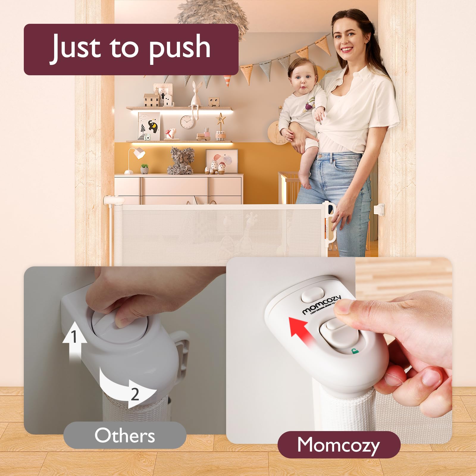 Momcozy Retractable Baby Gate - 33" Tall x 55" Wide, Easy to Use, White, Mesh, Model USVC-AM02-W for Stairs & Doorways