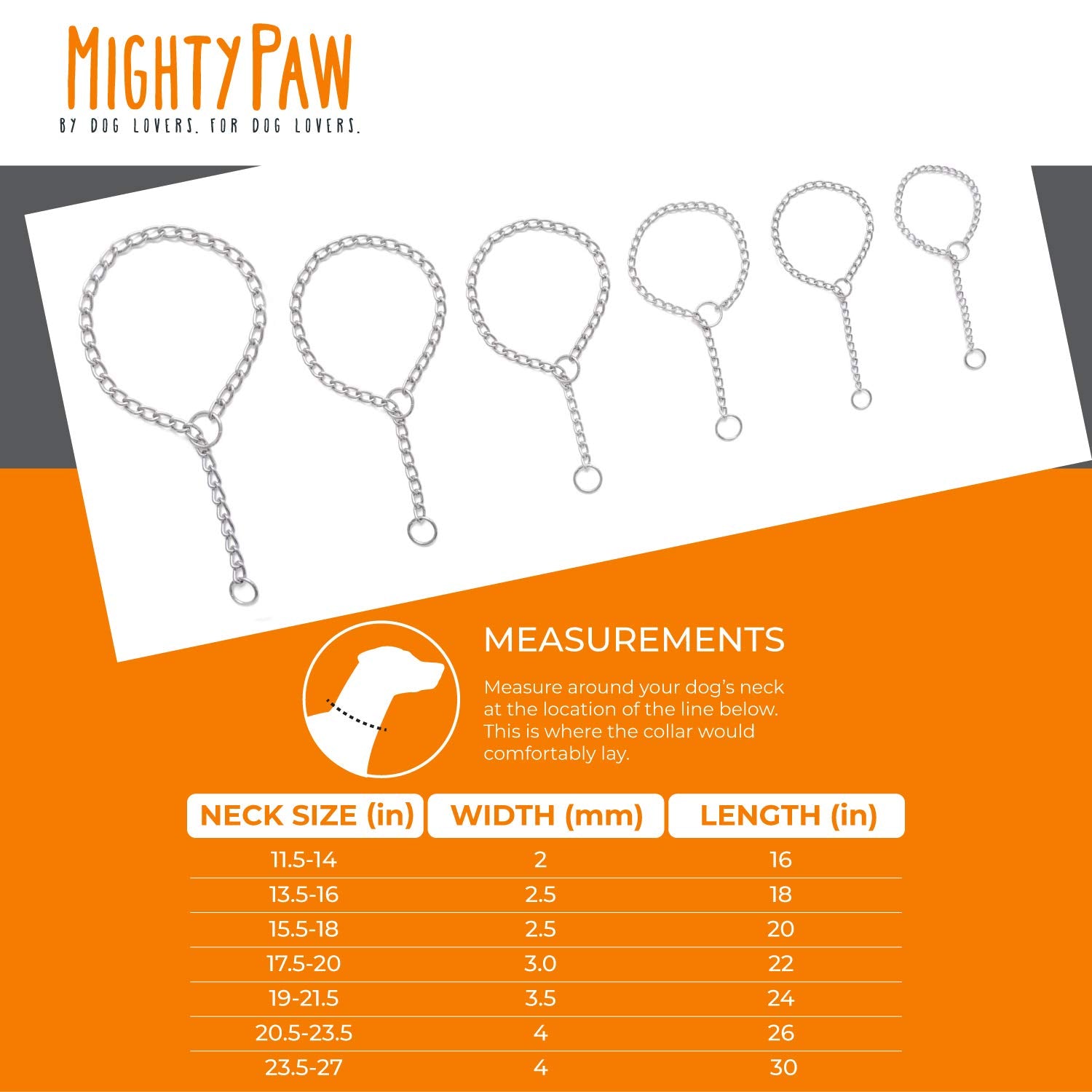 Mighty Paw Slip Collar - Stainless Steel - Weather Resistant - Tarnish Proof - Durable Chain Dog Choke Collars - No Pull Dogs Training - Strong And Premium - Metal Chain (30')