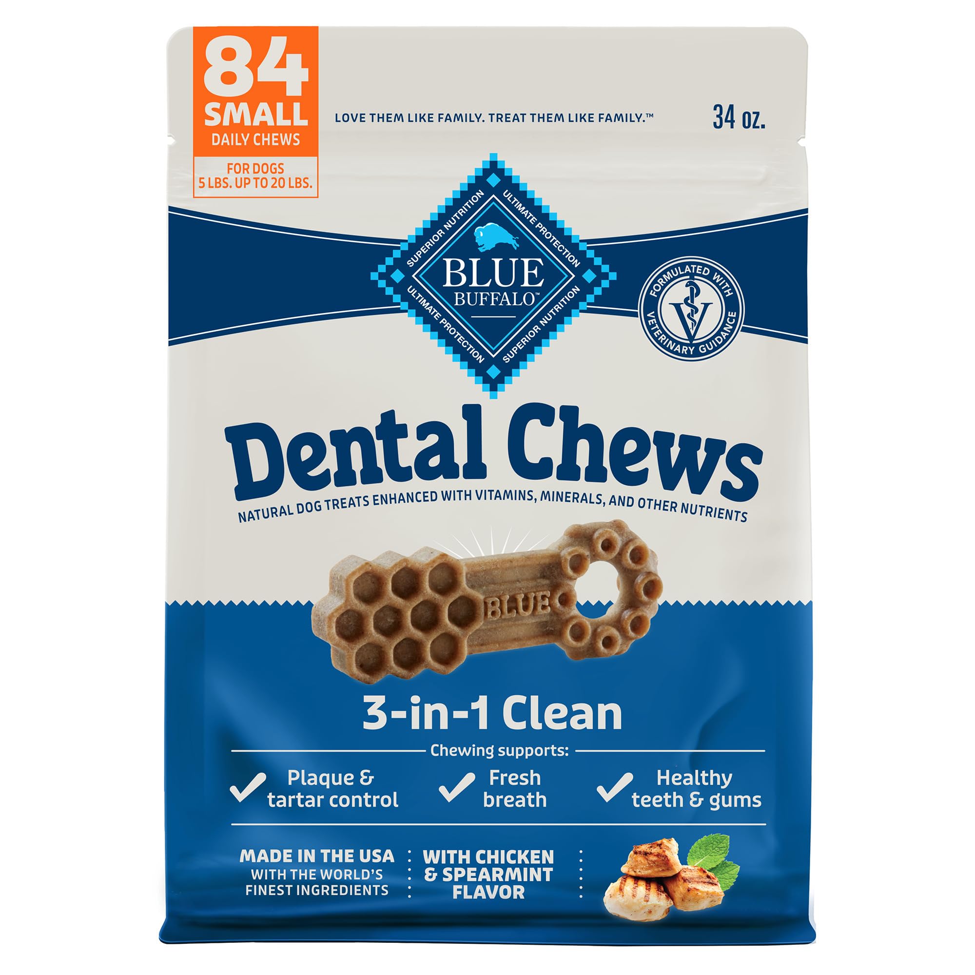 Blue Buffalo Small Dental Chews for Dogs, Daily Dental Care Dog Treats Made in the USA with Natural Ingredients, Chicken & Spear