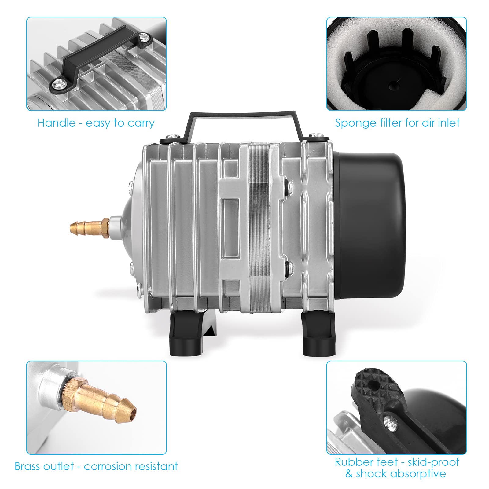 Kulife Aquarium Air Pump 1250GPH, Silver Aluminum Aerator, Model ACO-003 for Fish Tank & Hydroponics