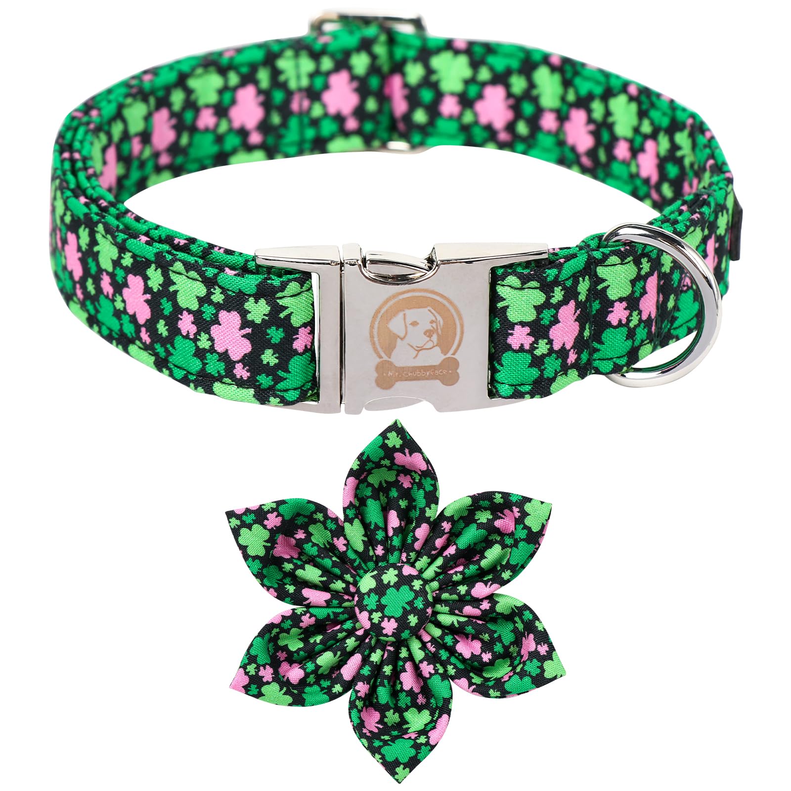 Mr. Chubbyface St.Patrick'S Clover Dog Collar With Flower, Pink Green Clovers Shamrock Adjustable Dog Collar, Cute St.Patrick'S 