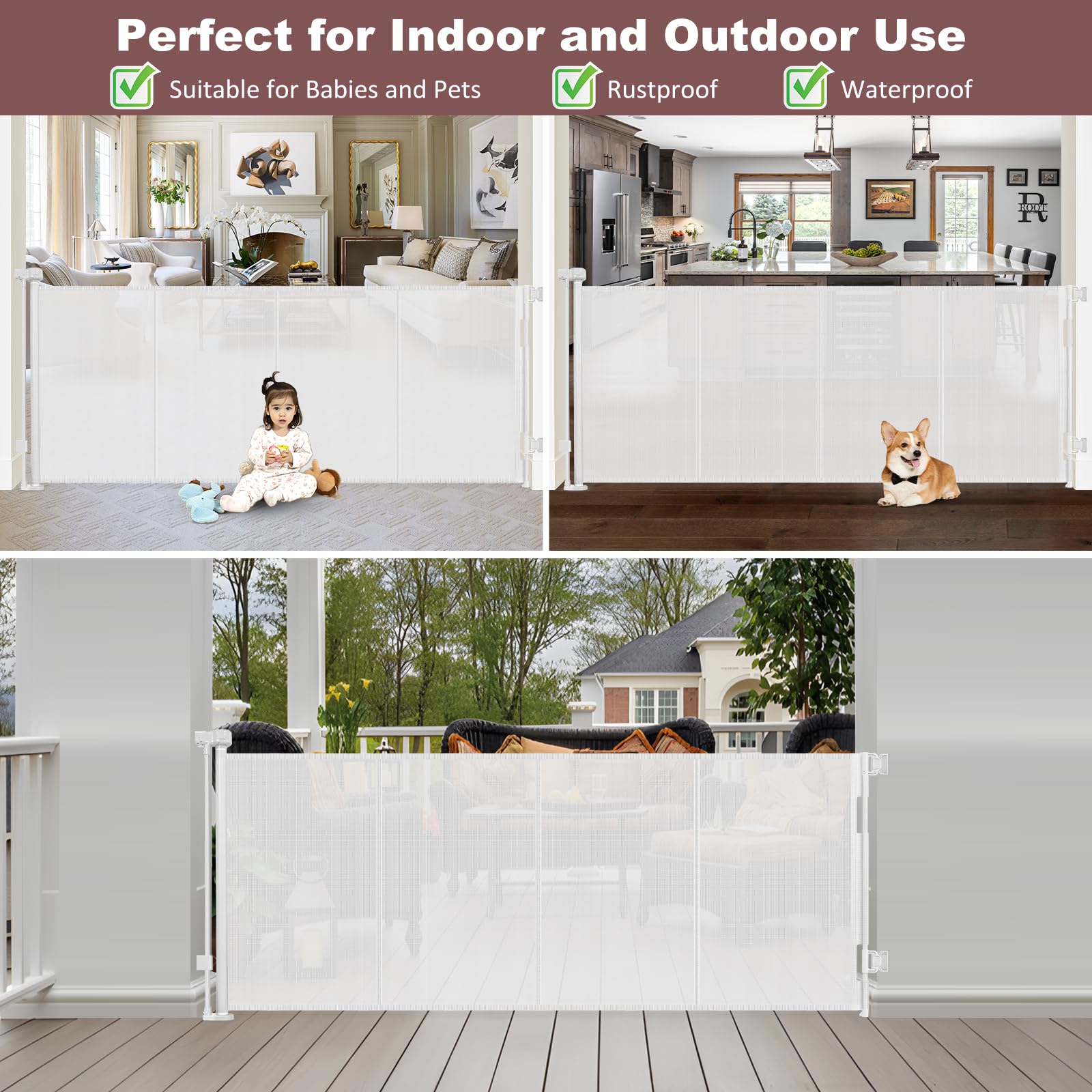 Reinforced 41 Inch Extra Tall Retractable Dog Gate 80 Inch Extra Wide Baby Gate with Support Rods - Prevents Crawling Under, Ind