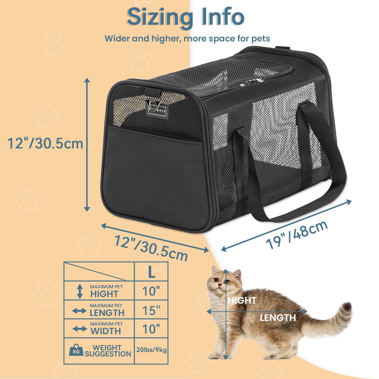 Petsfit Large Cat Carrier for 2 Cats, Lightweight Collapsible Double Cat Carrier for Travel, 5-Sided Breathable Mesh, with Adjus