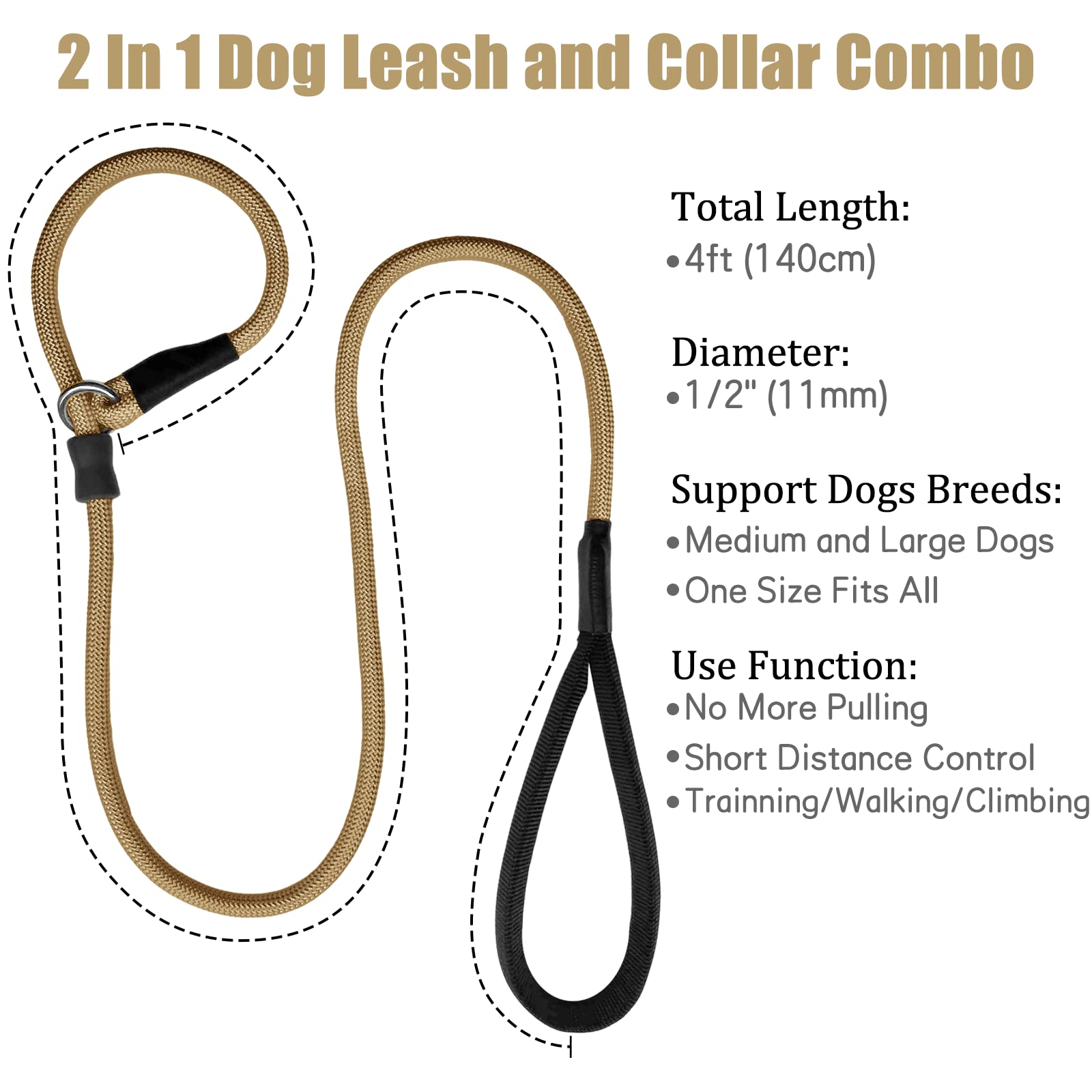 Strong Slip Rope Dog Training Leash (4Ft) - Heavy Duty Durable Braided Nylon Lead With Rubber Stopper & Padded Handle - No Pull