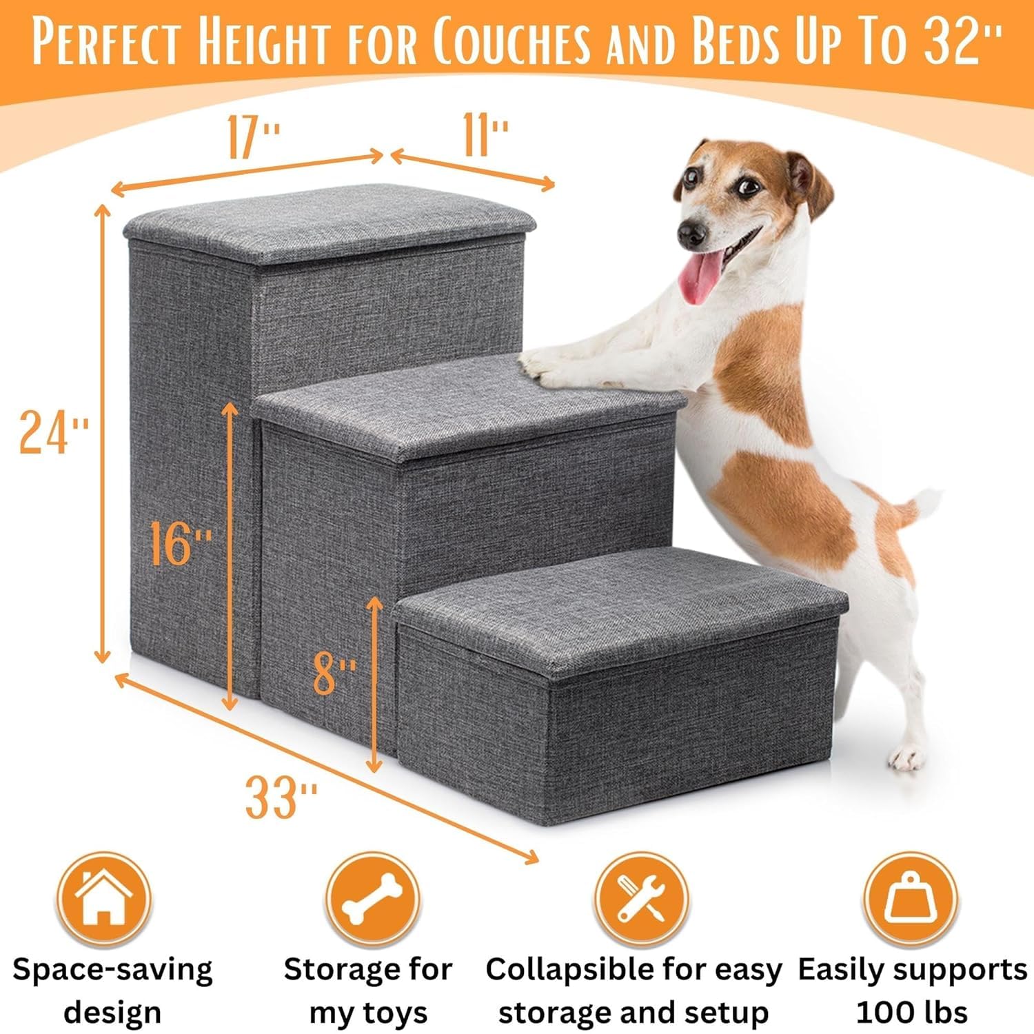 24-Inch Dog Stairs For High Beds Up To 32-Inch- Foldable For Large Dogs W/Storage- Tall Pet Stairs For High Beds