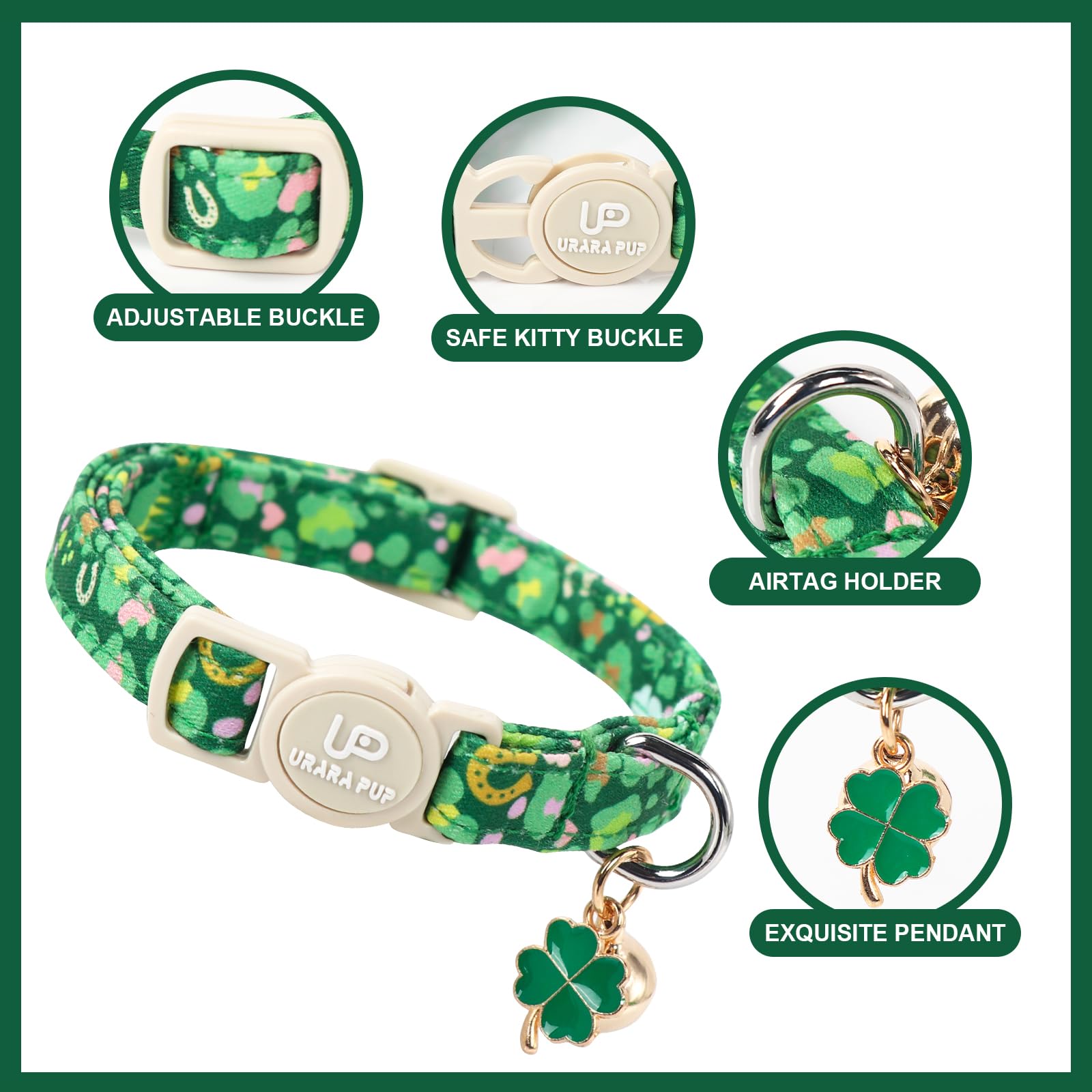 Up Urara Pup Cat Collar,2Pack St.Patrick'S Day Kitten Collars Cute Shamrock Breakaway Kitty Collars,Spring Green Trefoil Cat Col