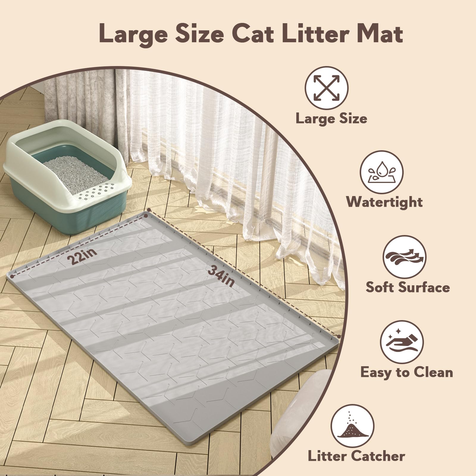 Garoopion Cat Mat For Litter Box, Large 34'' X 22'' Cat Litter Mat, Waterproof Silicone Pad For Floor, Gray
