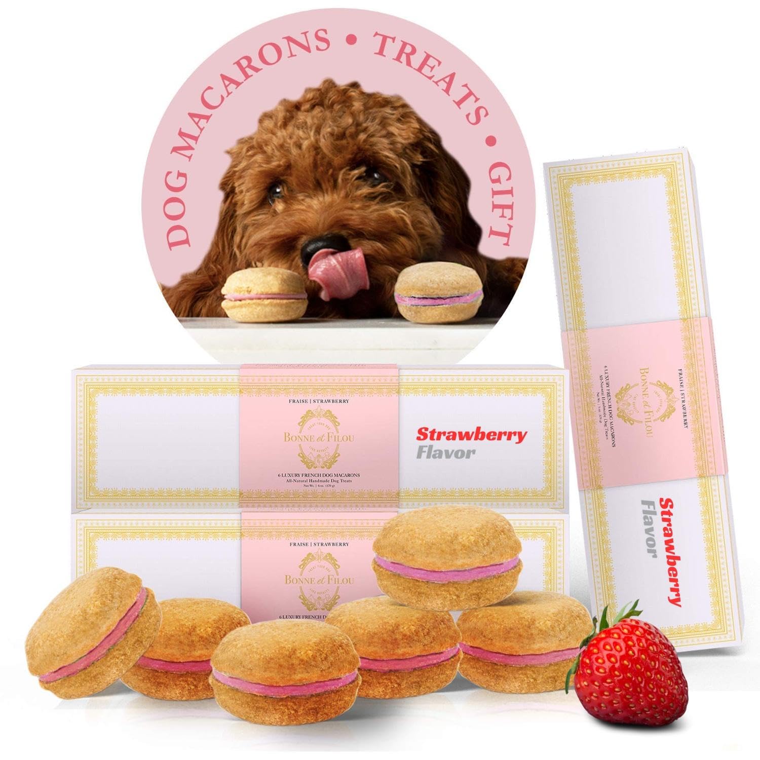 Bonne et Filou Dog Treats Strawberry Cupcakes, Dog Birthday Gift for Medium to Large Breed - Gourmet Macaron Cakes, 18 Count Bul
