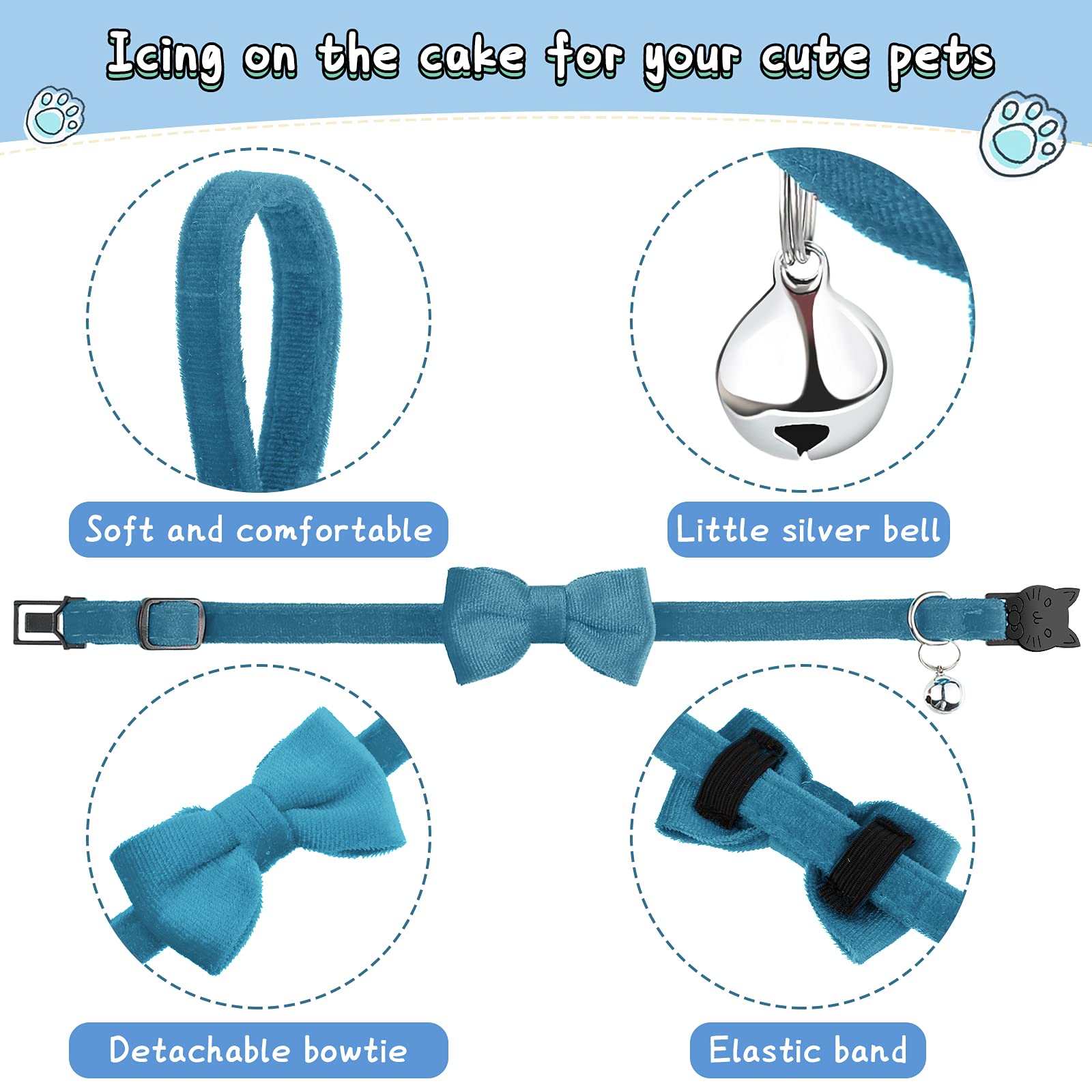 Weewooday 4-Piece Cat Bow Tie Collar Set - Velvet Breakaway with Bell, Comfortable & Safe for Kittens & Puppies, Medium, Black/Gray/Green/Blue
