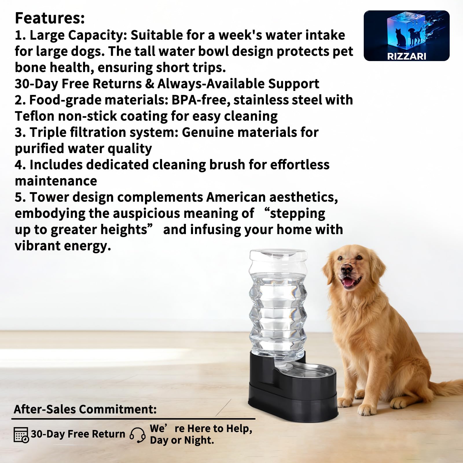 RIZZARI Upgraded Automatic Dog Water Dispenser: 9L Black Gravity Large Stainless Steel Raised Pet Feeder with Filter - Includes