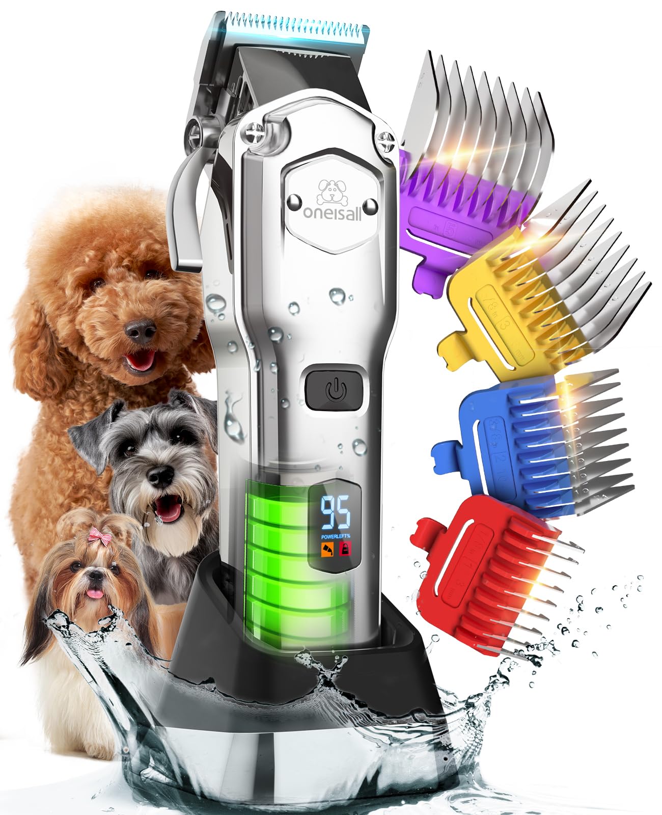 oneisall Pet Clippers for Grooming Professional,Cordless/Rechargeable Dog Grooming Kit with Detachable Metal Combs, Low Noise He