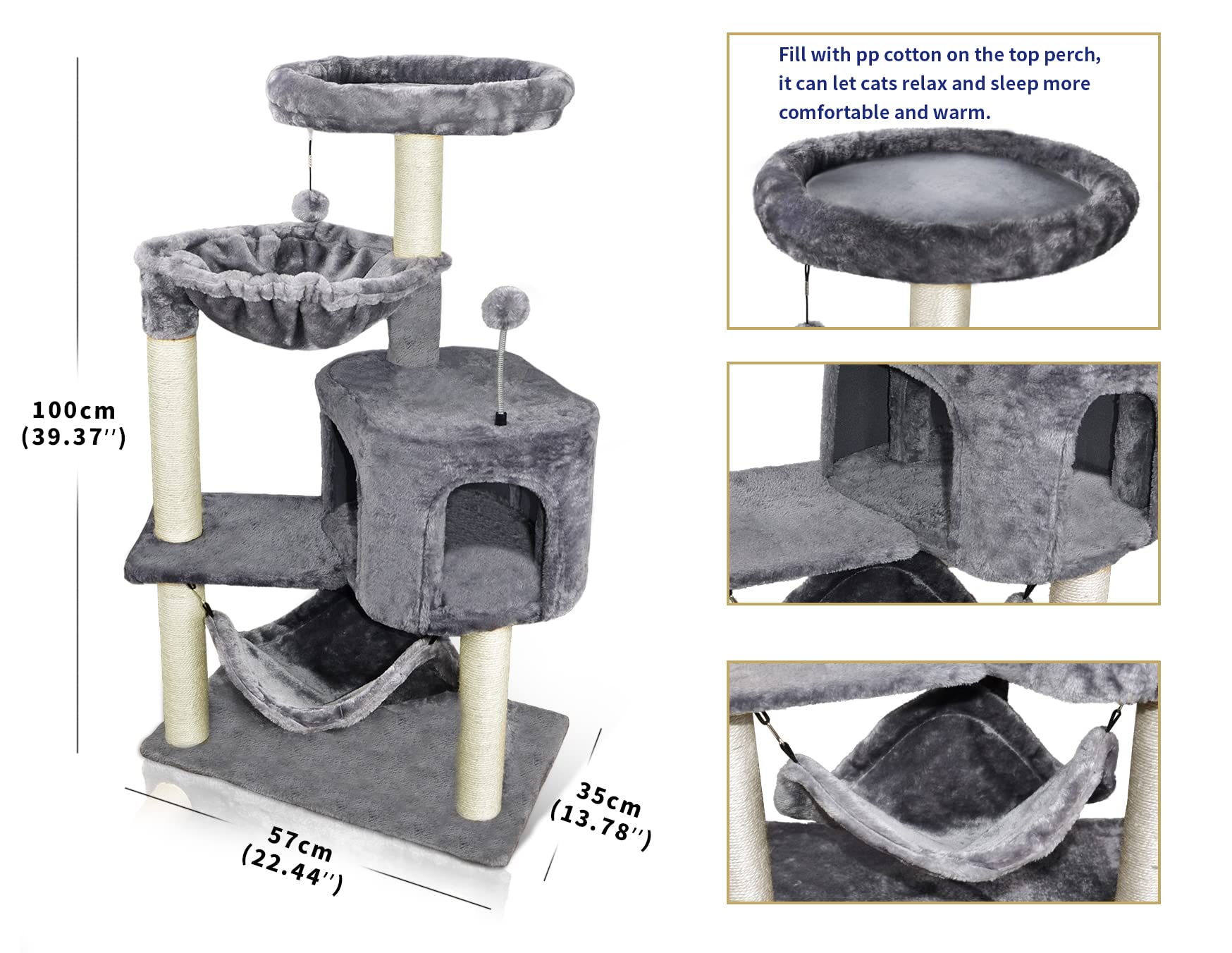 Newest Cat Tree With Cat Condo And Big Hammock，Grey