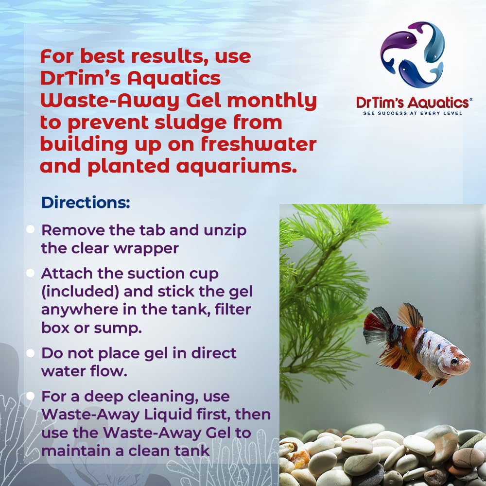 DrTims Aquatics Freshwater Waste-Away Time Release Leave-In Gel - Natural Cleaner for Betta Aquariums - Solution for Dissolving