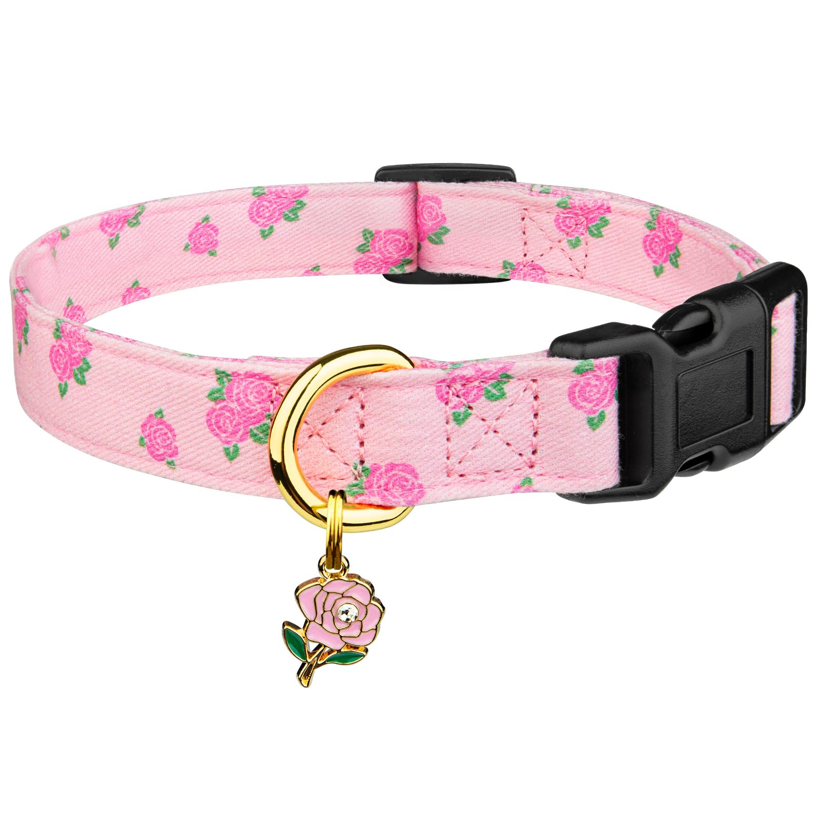 Cotton Handmade Dog Collar Cute And Distinctive Patterns Pink Rose With Pendant For Girl Boy Dogs Collars L