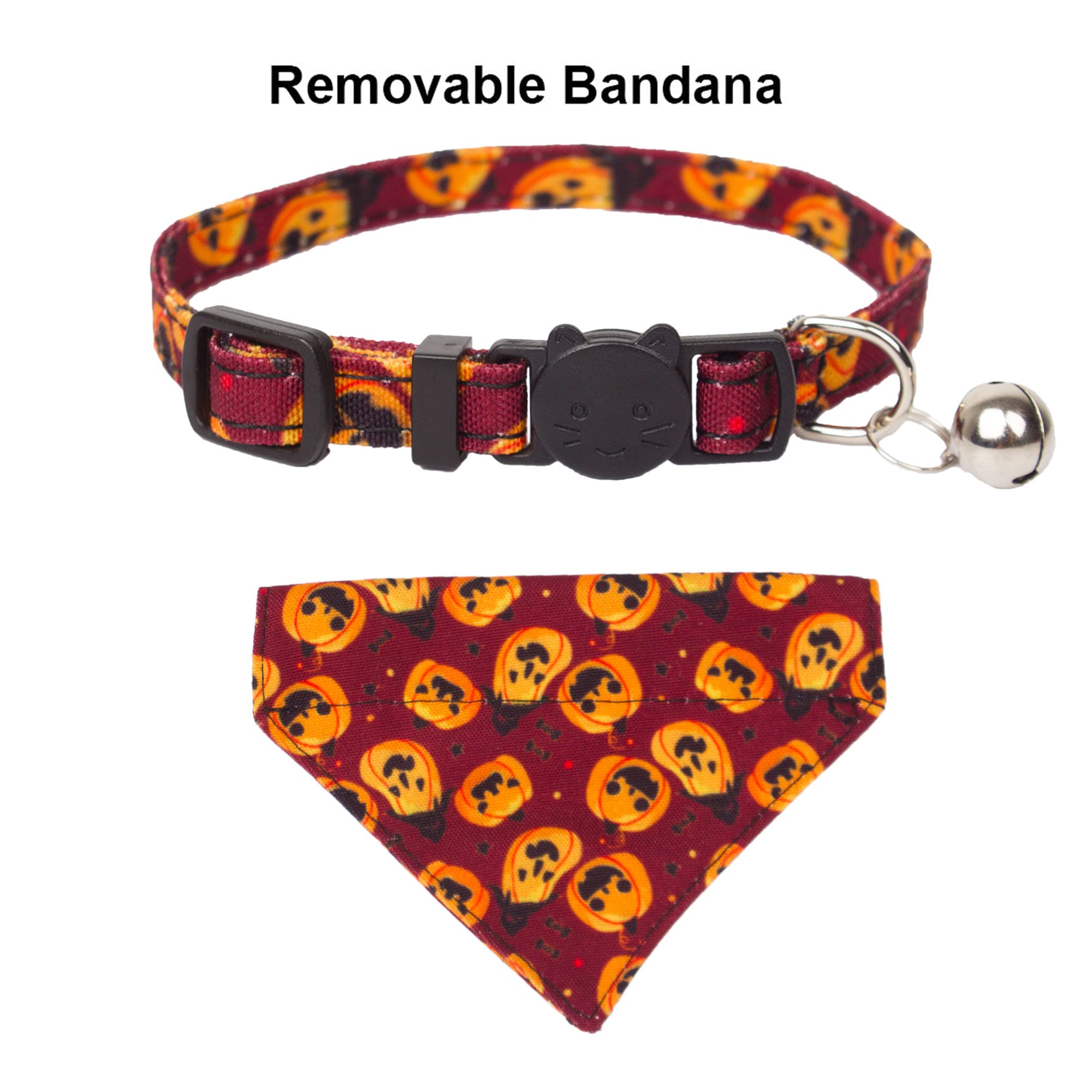 Adoggygo Halloween Cat Collars Breakaway With Removable Bandana, 2 Pack Adjustable Cat Collar Pumpkin Pattern Cat Bandana Collar For Kittens Cat (Halloween-1)