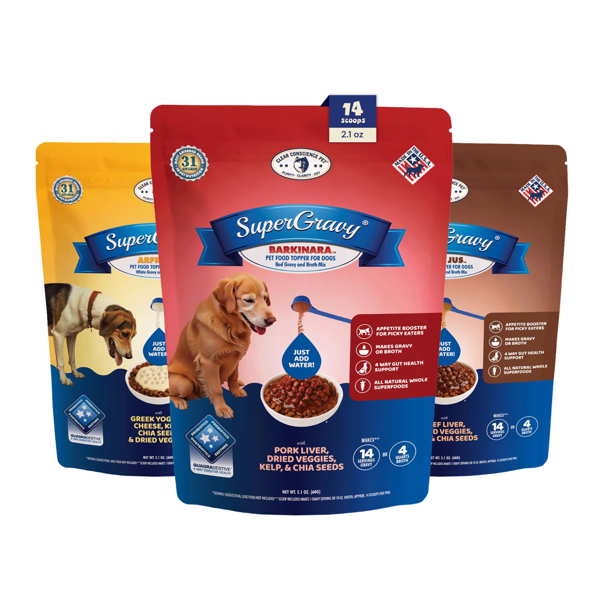 CLEAR CONSCIENCE PET SuperGravy Trio Dog Food Topper & Broth Mix | Paw Jus, Barkinara & Arfredo | Grain-Free | Probiotics & Enzy