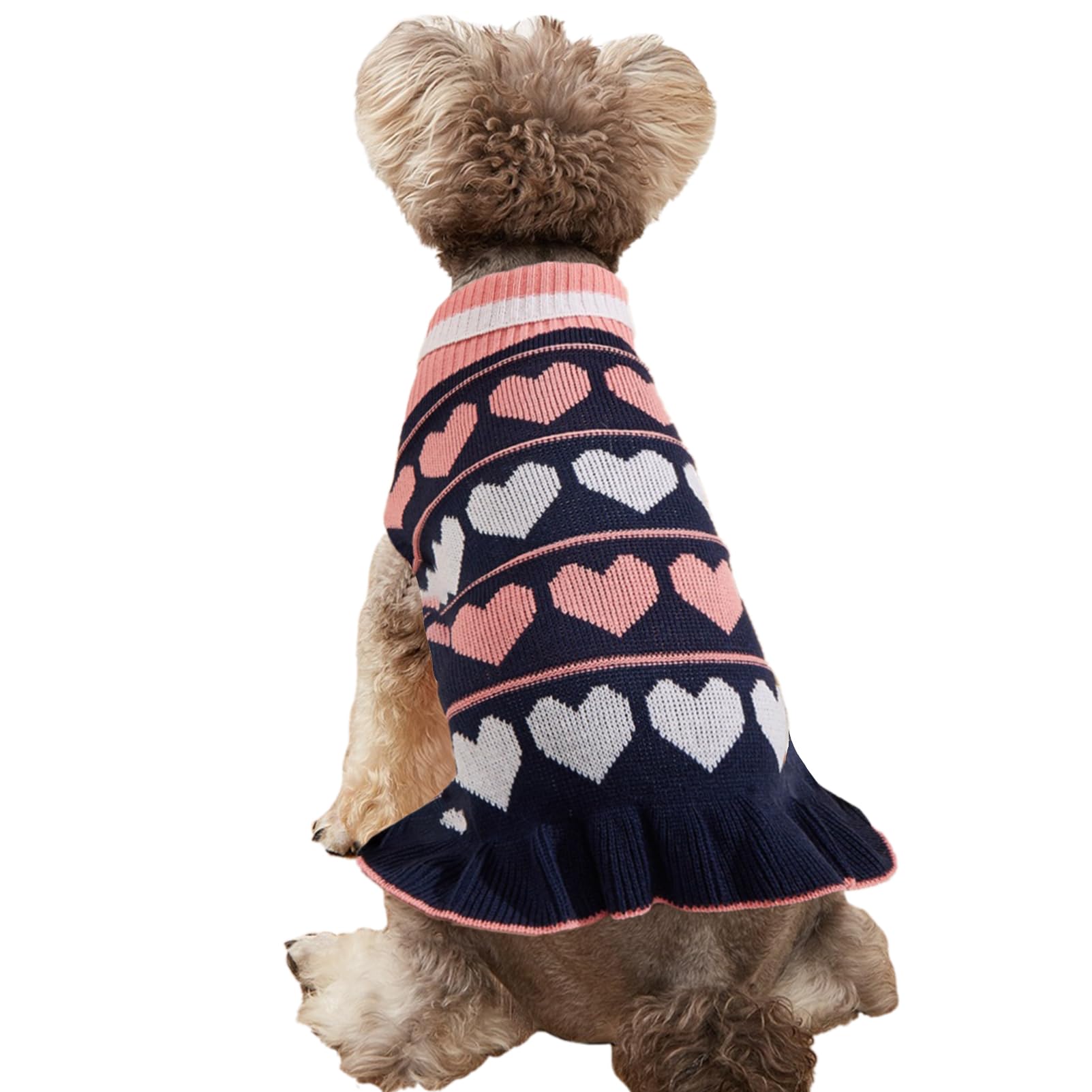 Jecikelon Pet Dog Long Sweaters Dress Knitwear Turtleneck Pullover Warm Winter Puppy Sweater Long Dresses (Navy Heart, Large)