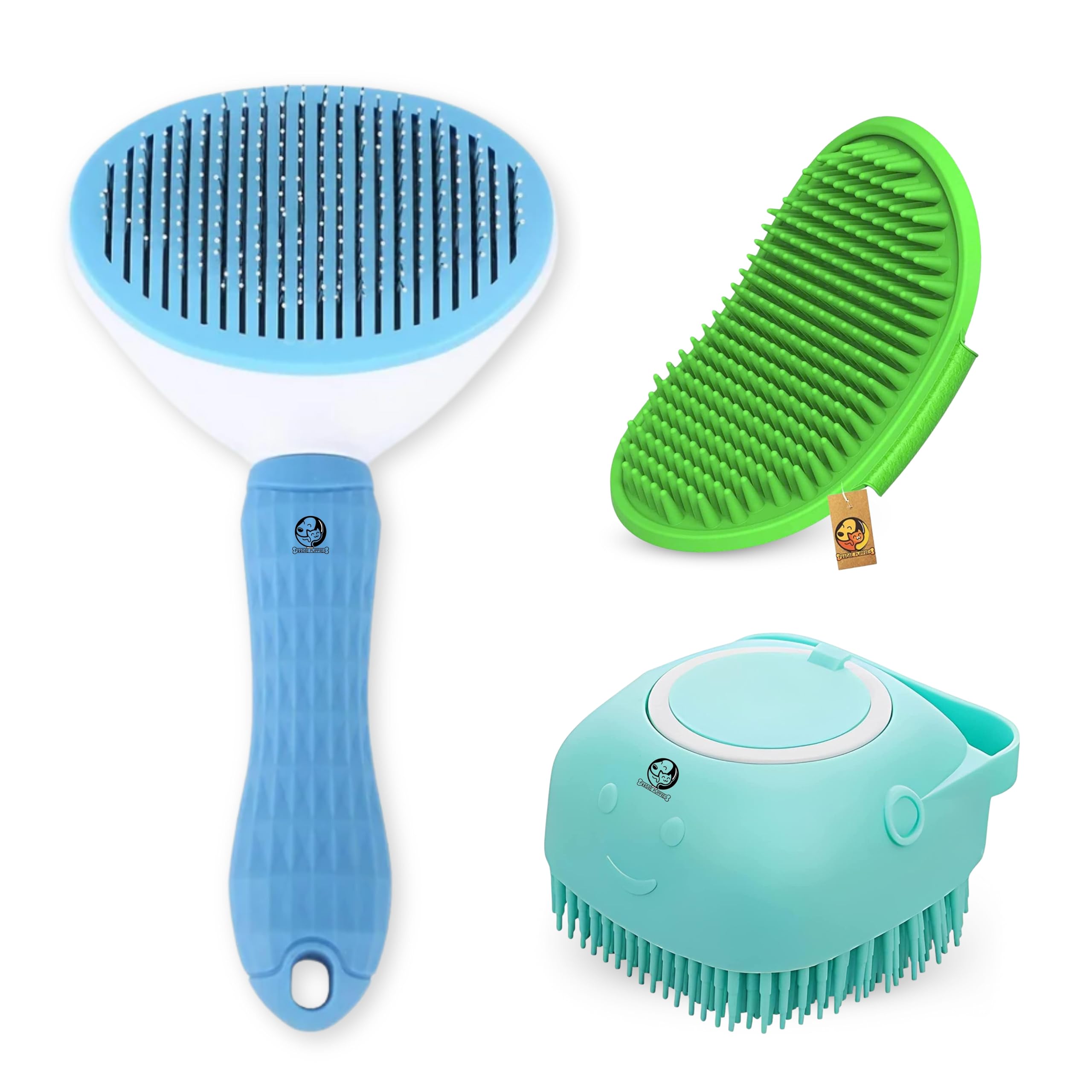 Foodie Puppies 3Pcs Pet Grooming Self Cleaning Combo For Dogs & Cats - (Oval Slicker, Massage Bath Glove, Shampoo Dispenser) For