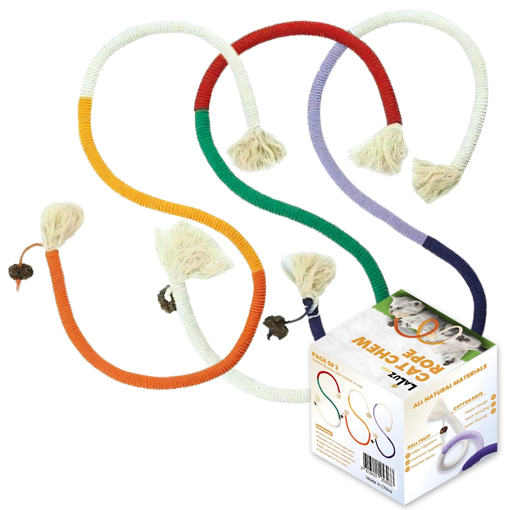 La Luz Cat Chew Ropes 3 Pack With Natural Catnip, Interactive Catnip Toys For Indoor Cats, Safe Teeth Cleaning Kitten Rope Toy, 