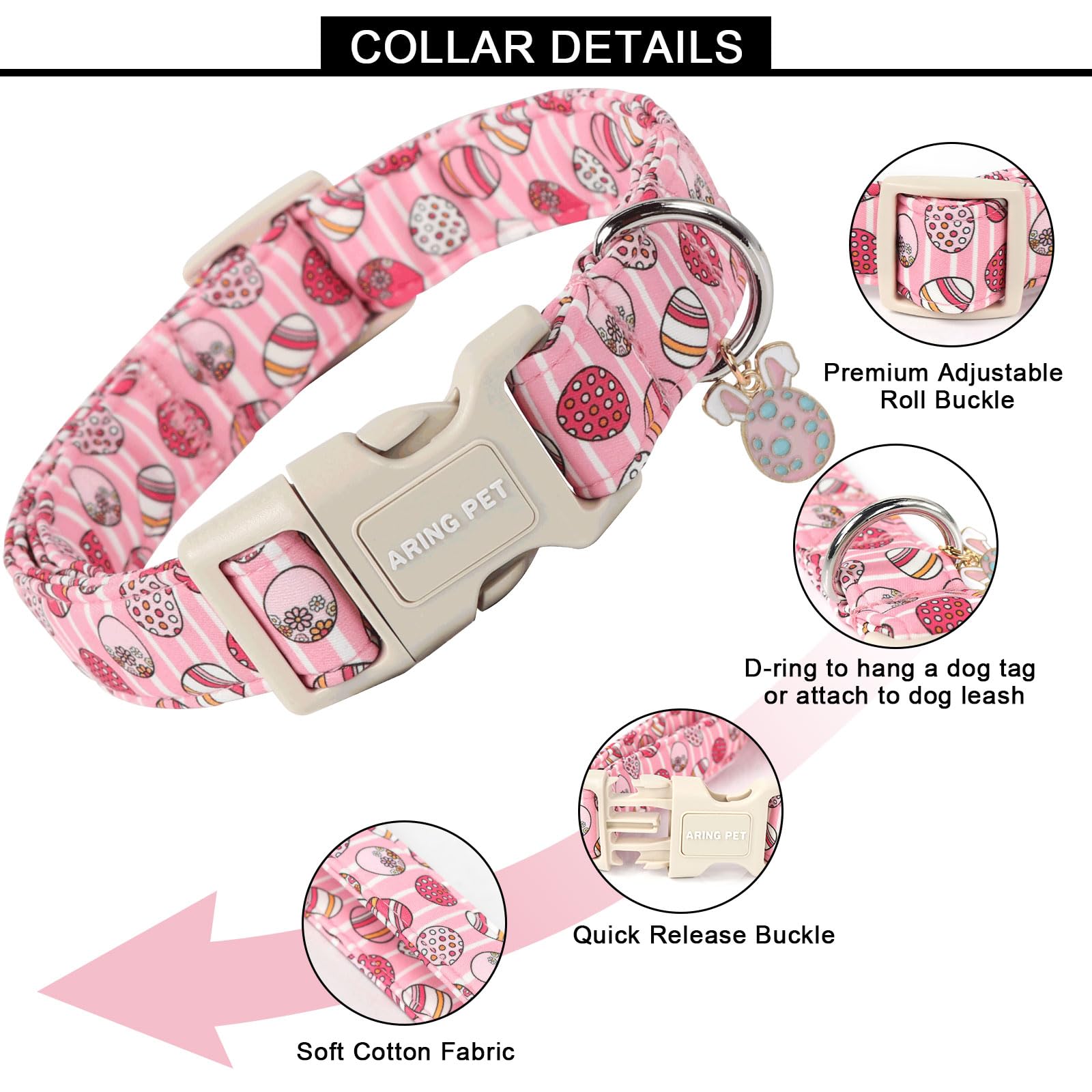 Aring Pet Easter Dog Collar-Cute Easter Eggs Dog Collar, Adjustable Easter Pink Striped Pet Collars Puppy Collar With Quick Rele