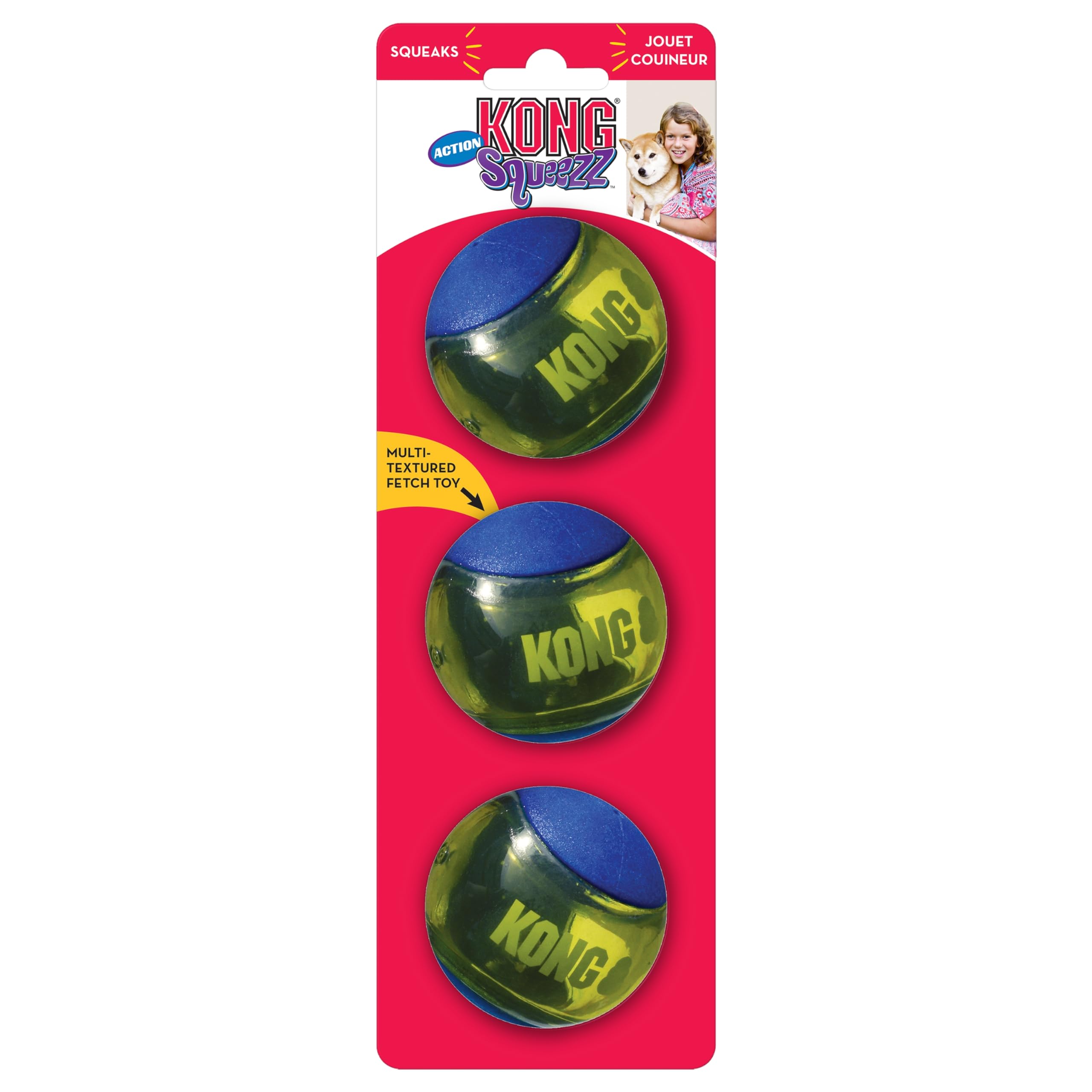 KONG Squeezz Action Ball Dog Toy - Medium Dynamic Rubber, Multicolor, Model PSA21