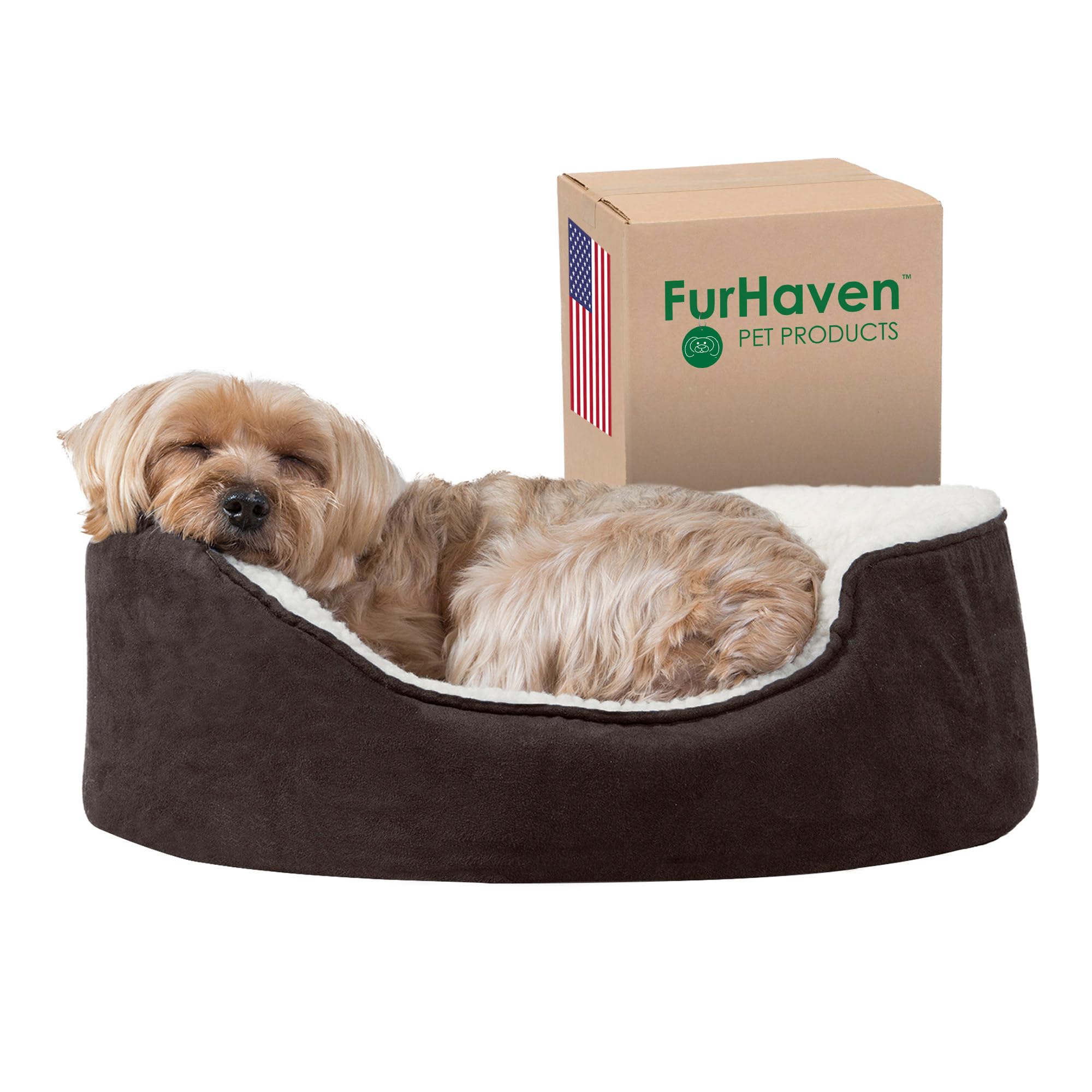 Furhaven Orthopedic Dog Bed for Small Dogs w/ Removable Washable Cover, For Dogs Up to 12 lbs - Sherpa & Suede Oval Lounger - Es