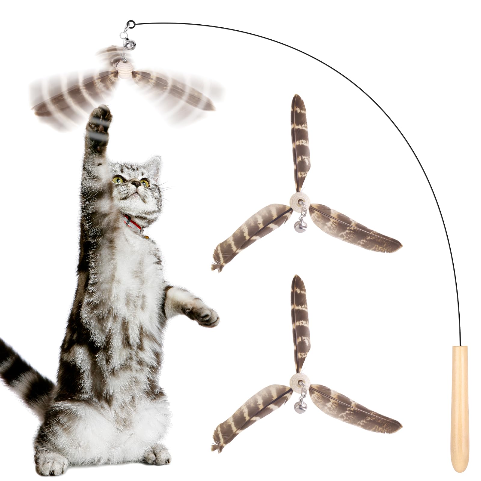 Hosfroll Cat Toys Interactive For Indoor Cats, Cat Wand Toys With 3 Feather Refills, Sturdy Wood Handle With Flexible Steel Wire
