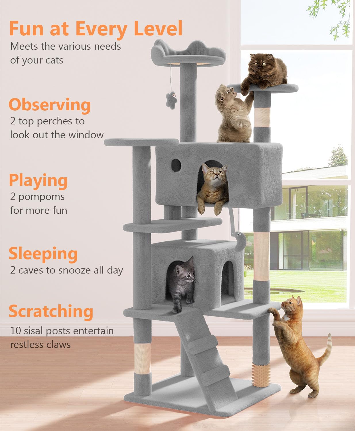 Os Motor 60' Cat Tree Tower For Indoor Cats Large Adult,Cute/Tall Modern Cat Tree For Big Cats 20 Lbs,Plush Multi-Level Cat Con