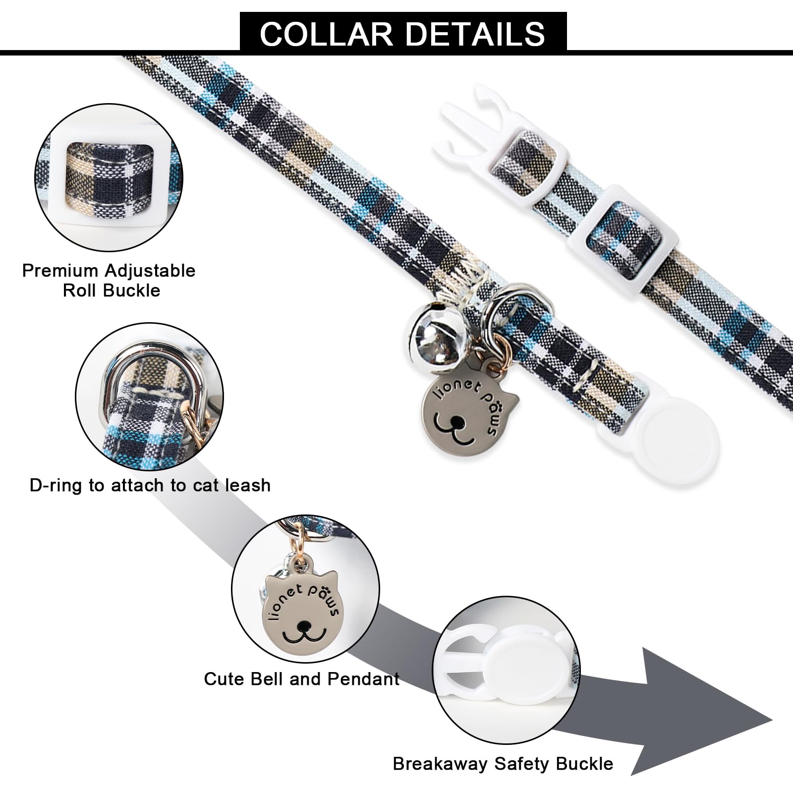 Lionet Paws 2Pcs Pack Cotton Cat Collar,Breakaway Buckle With Blue Grid And Brand Pendant Cute Adjustable Cat Kitten Collar,Idea