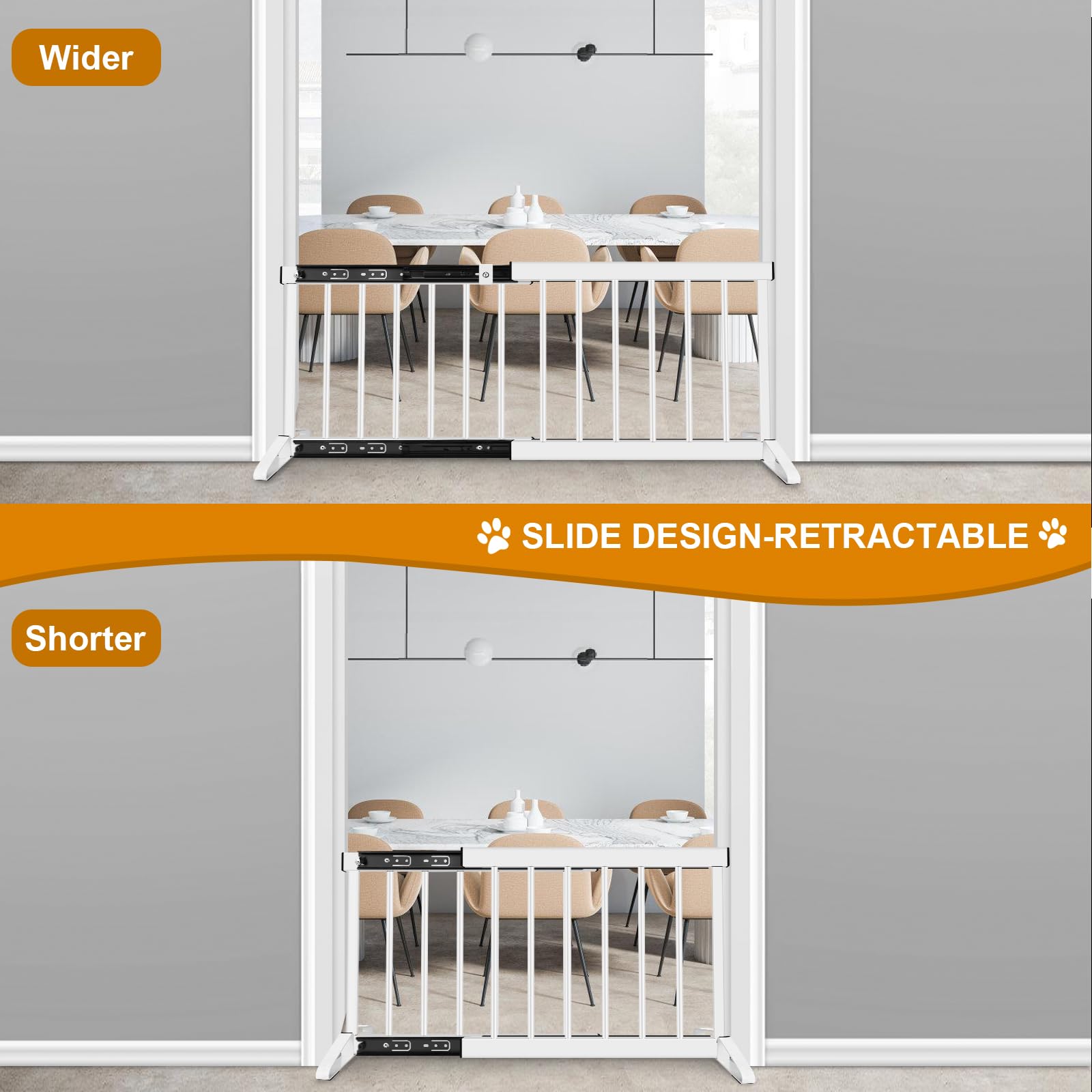 White Metal Dog Gate for Small Dogs - 13.3 Short Freestanding Puppy Gate with Retractable Sliding Rail, No Installation, Indoor/