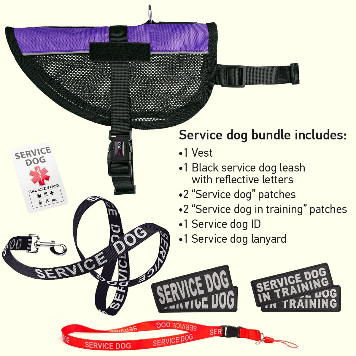 Dogline Service Dog Vest Harness Bundle Official Red Service Dog Reflective Leash & Patches Service Dog In Training Set Service Dog Ada Ids For Travel Support Therapy Purple