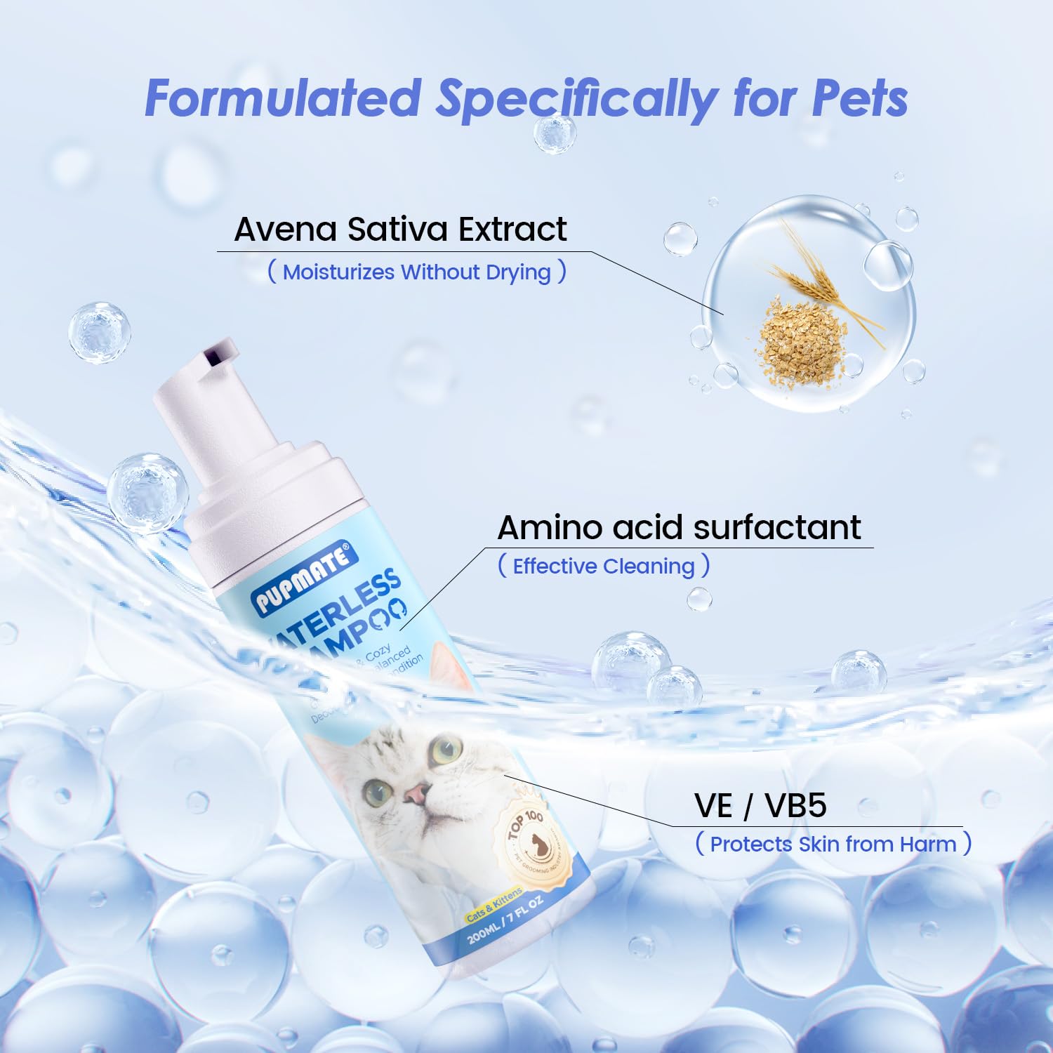 Cat Waterless Shampoo With Brush - No Rinse Formula For Quick Clean Between Baths, Hypoallergenic & Detangling, Reduce Itchy Ski