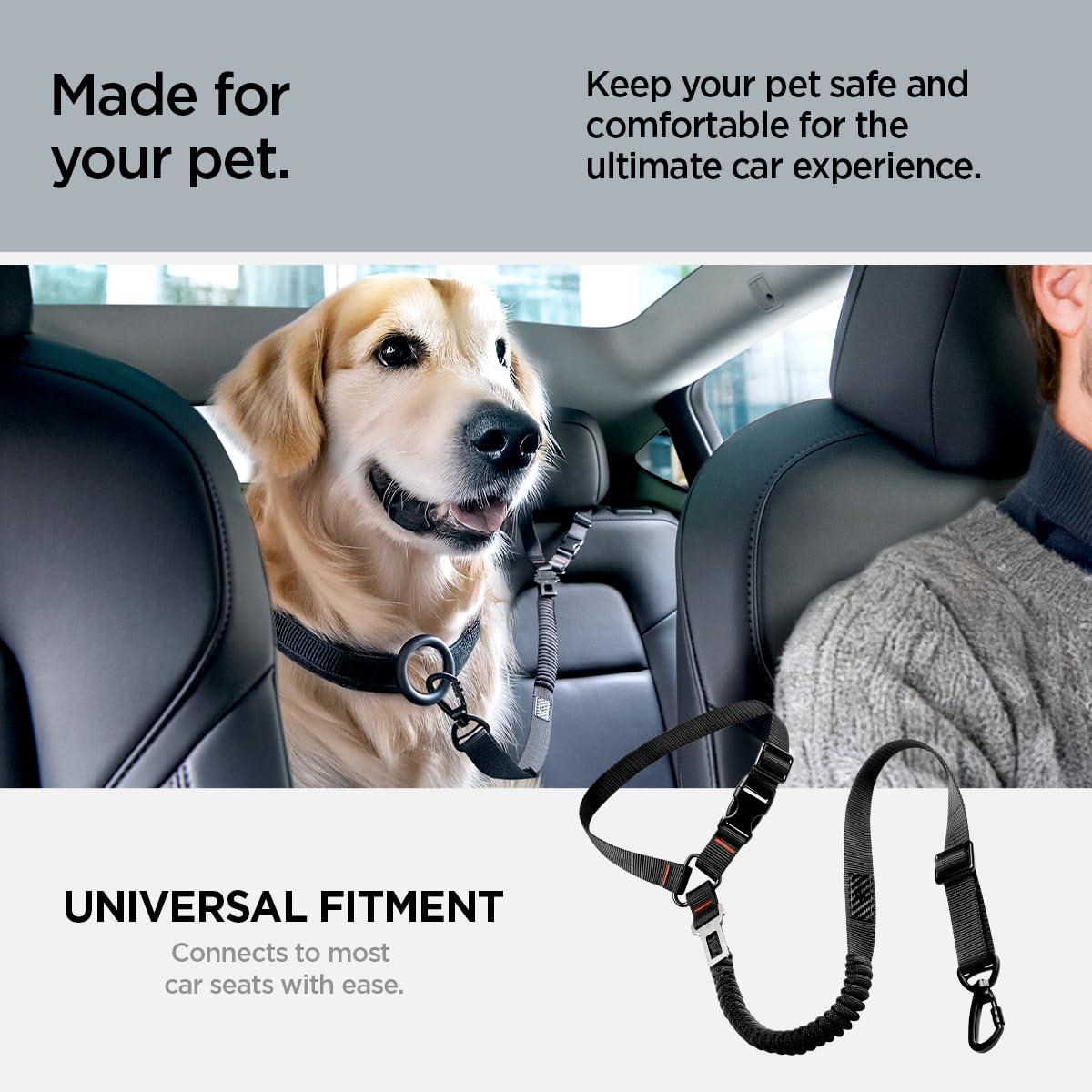 Spigen Universal 2-In 1 Retractable Car Seat Belt Designed For Pet With Adjustable Elastic Bungee Dog Leash [Compatible With Hea