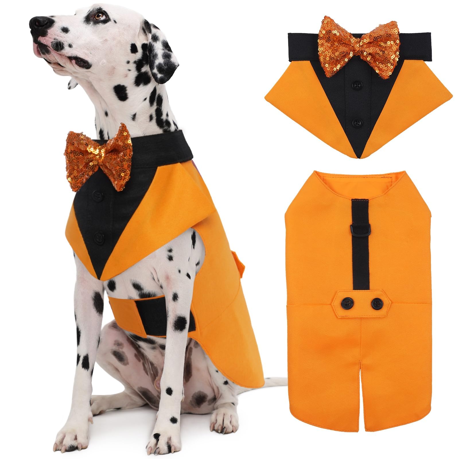 Kuoser Dog Tuxedo Suit And Bandana Set, Pumpkin Color Dogs Thanksgiving Outfit Adjustable Dog Halloween Costume With Bow Tie For