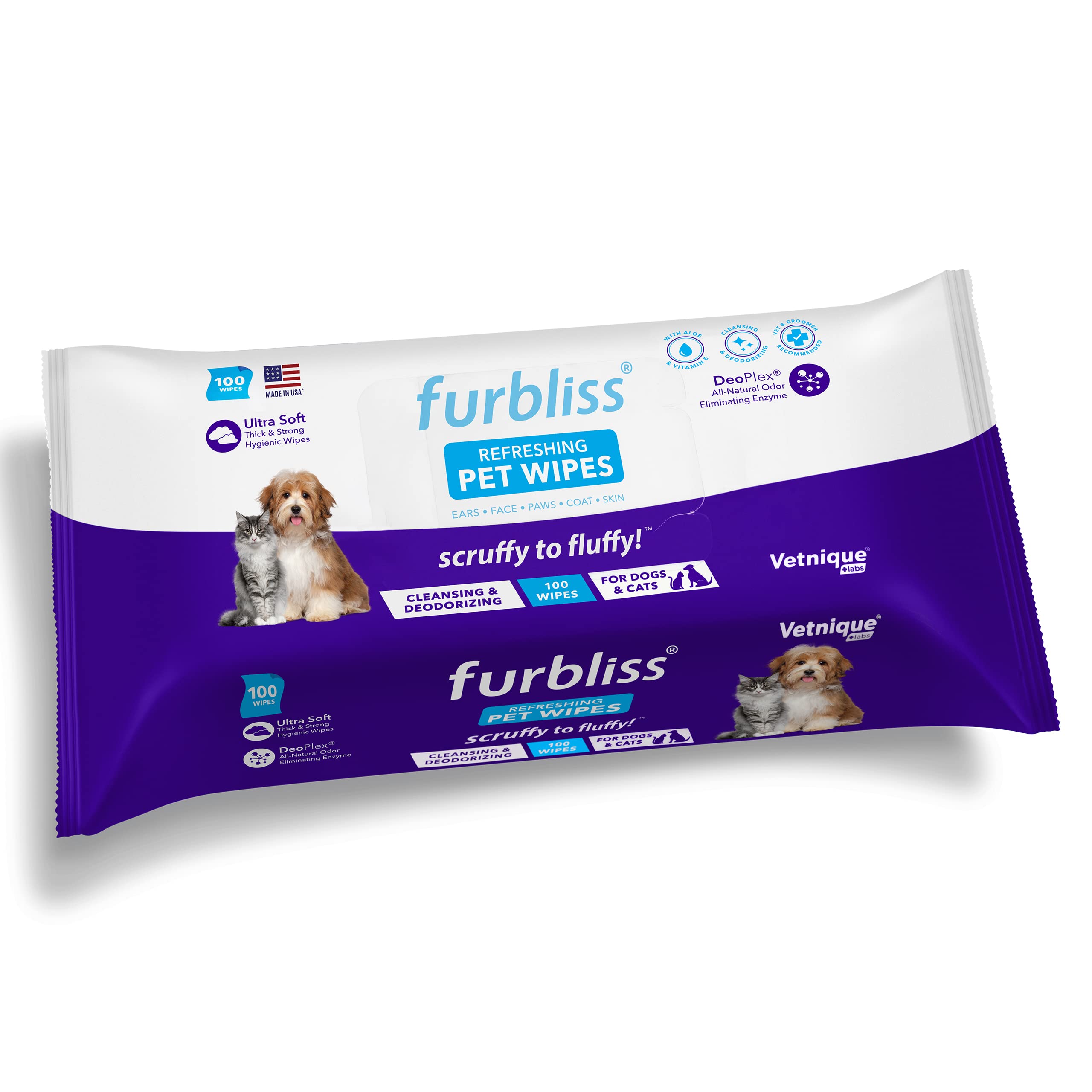 Vetnique Labs Furbliss Hygienic Pet Wipes For Dogs & Cats, Cleansing Grooming & Deodorizing Hypoallergenic Thick Wipes With All