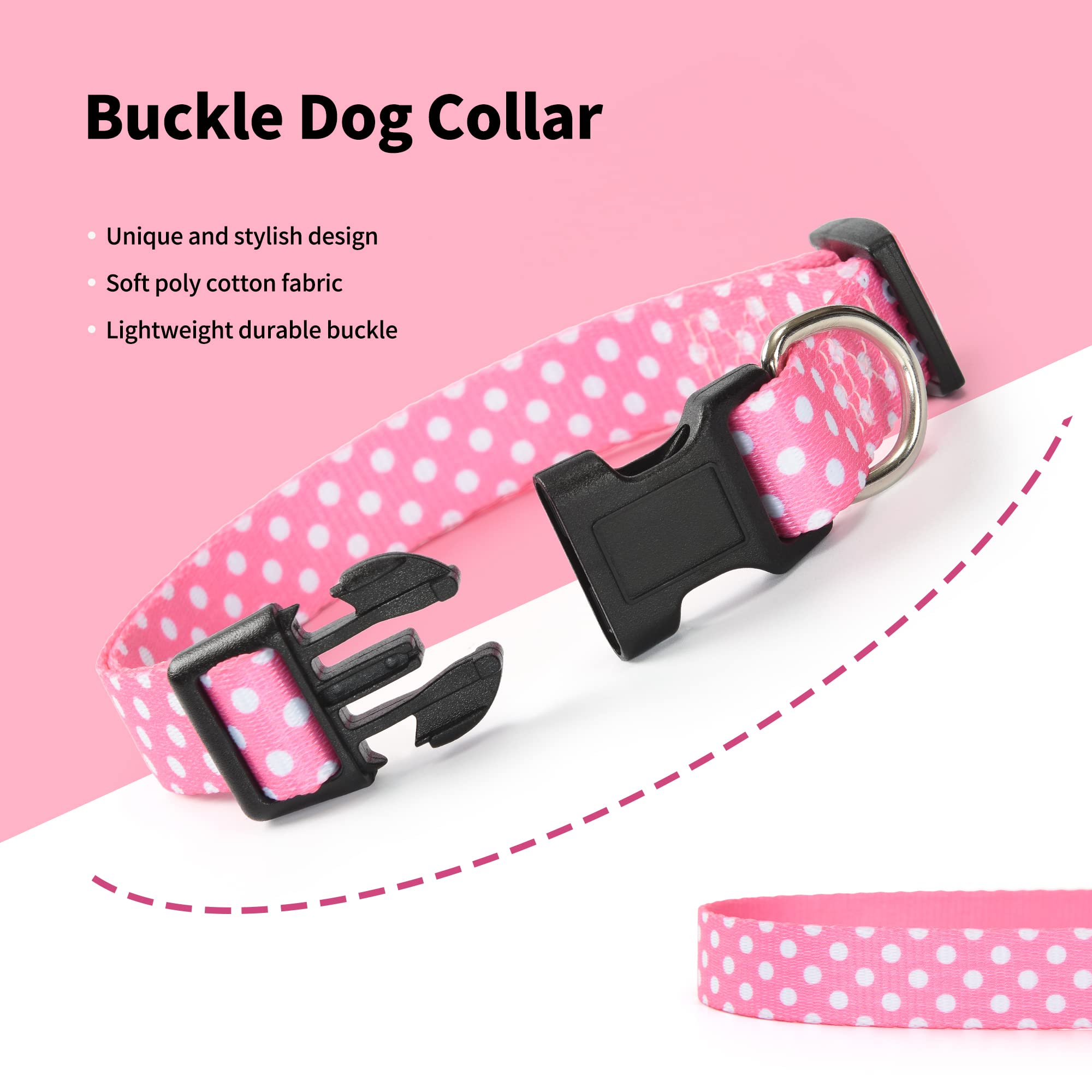 Mile High Life Dog Collar | Cute Puppy Collars | Lightweight Girl Dog Collar | Soft Boy Dog Collars | W Geometric Plaid Wave Line Pattern (Pink Dots, Medium)