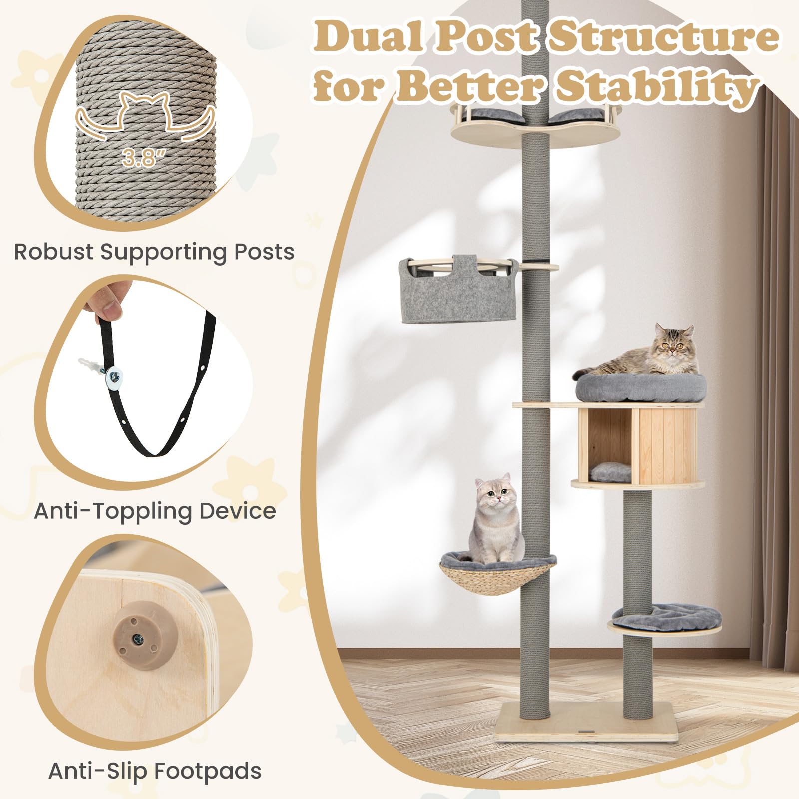 Tangkula Floor To Ceiling Cat Tree, 5 Tier Tall Cat Tower With Adjustable Height (100-110 Inch) For Large Cats, Wood Cat Climbin