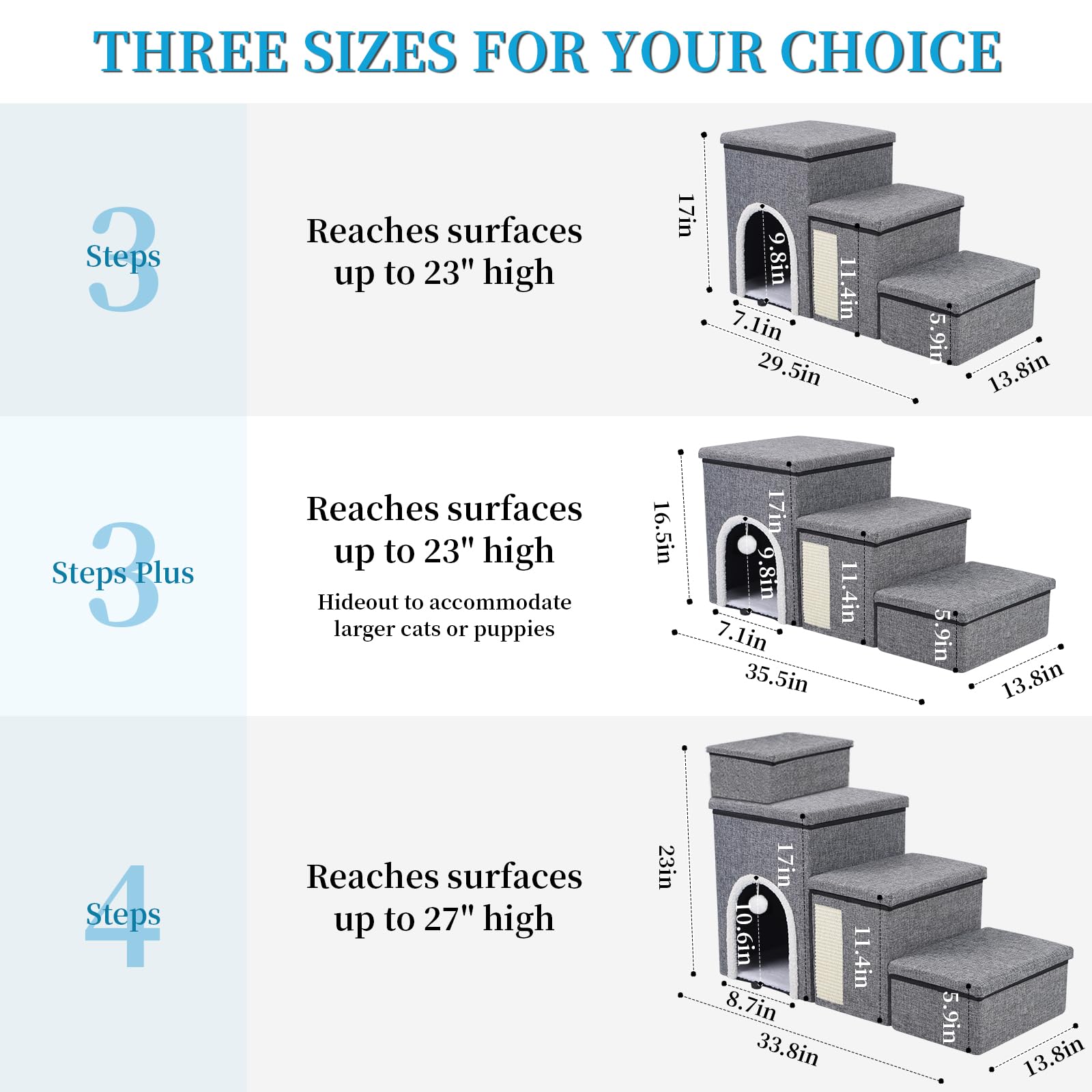 Dog Stairs For Bed And Couch 23H, Foldable Dog Stairs For Small Older Dogs, 4 In 1 Adjustable Pet Cat Steps Ramps With Storage,