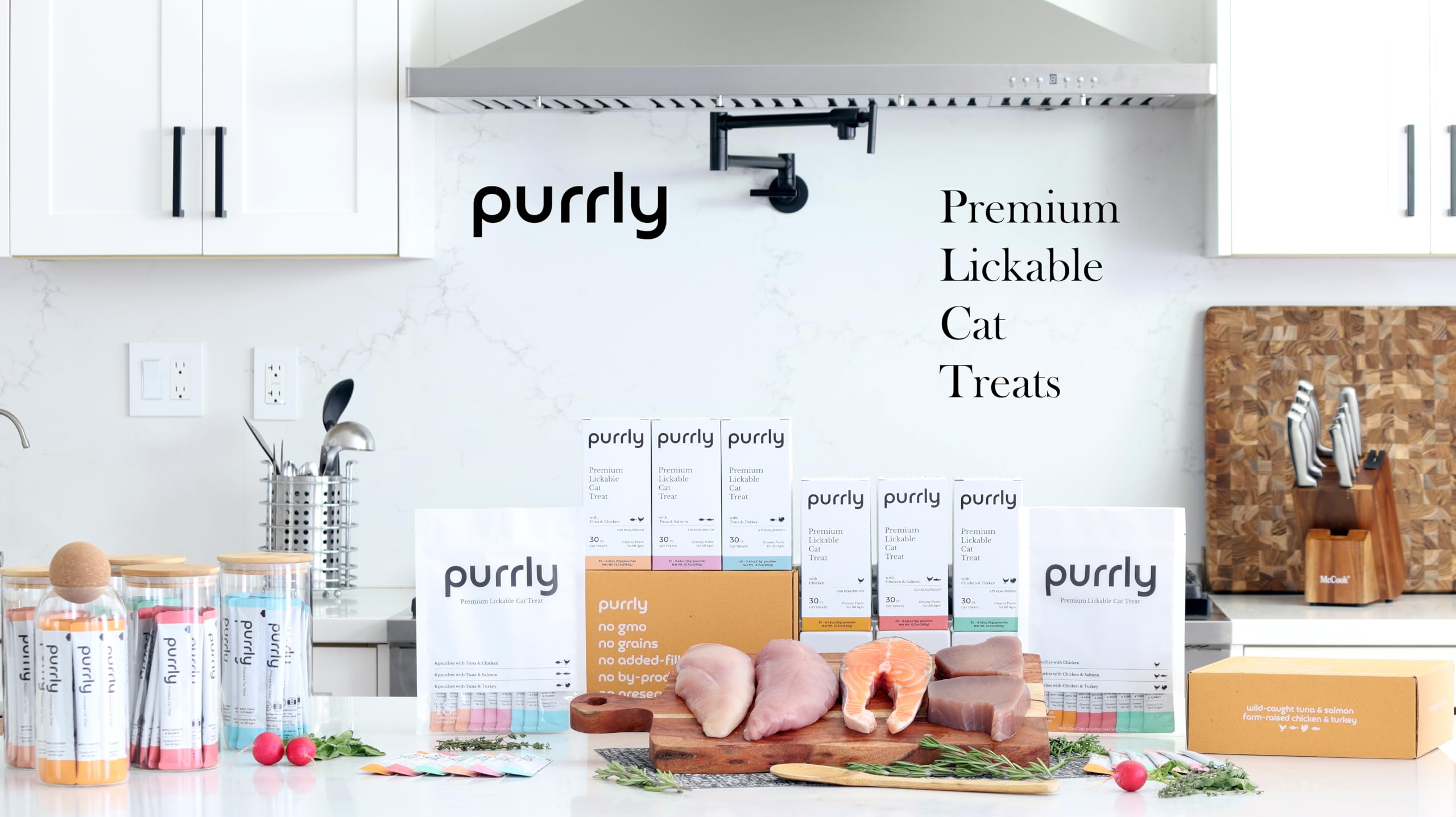 Purrly Low Calorie Premium Lickable Cat Treat Topper Healthy Chicken Variety Bundle (90 Count) Human-Grade Protein Sources with