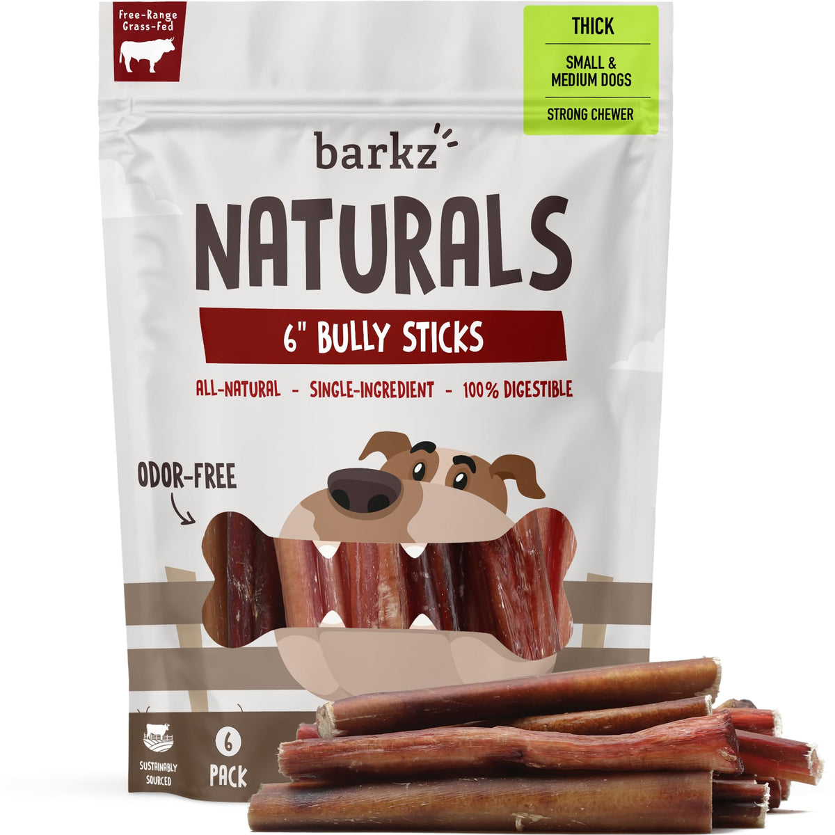 Barkz Naturals 6 Inch Thick Odor-Free Bully Sticks For Dogs (6 Pack) - 100% All-Natural Beef Pizzle Sticks For Small To Medium D