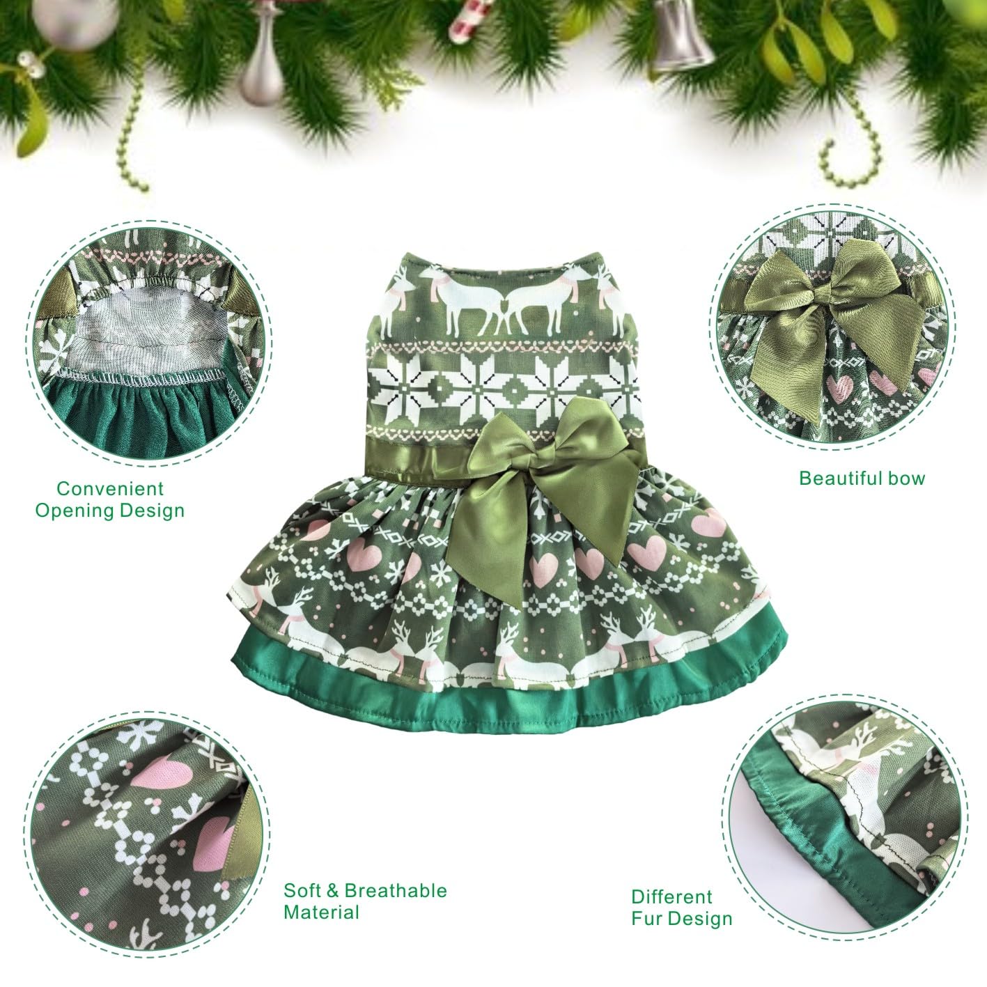 Otunrues Dog Christmas Dress, Stretchy Outfit With Bowtie For Girls, Holiday Party Lightweight Clothes For Small Dogs Cats, Gree