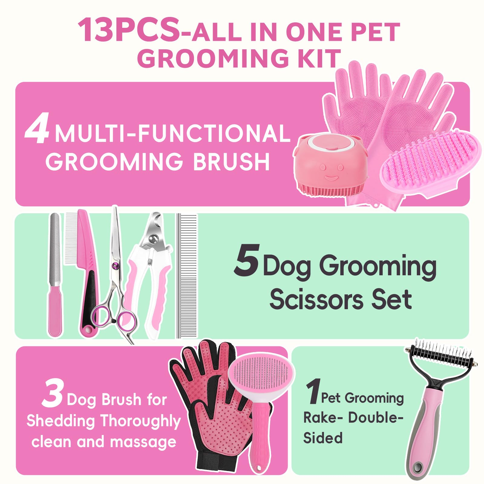 Dog Brush for Shedding 13Pcs Bath Grooming Kit with Pet Nail Clipper and File - Dog Bath Brush Cat Grooming Supplies, Dematting