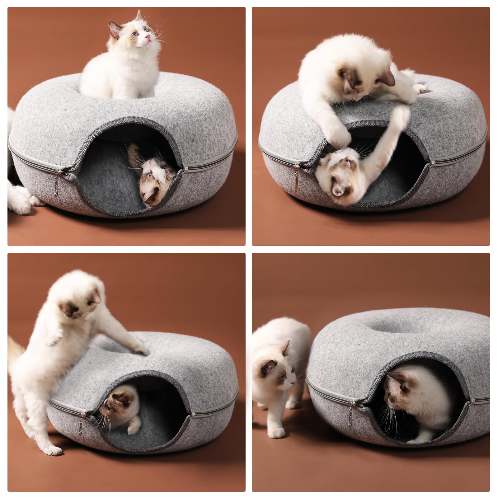 Bininl Cat Tunnel,Peekaboo Cave Bed For Indoor Cats,Donut For Pet House,Detachable Round Felt & Washable Interior Cat Play Tunne