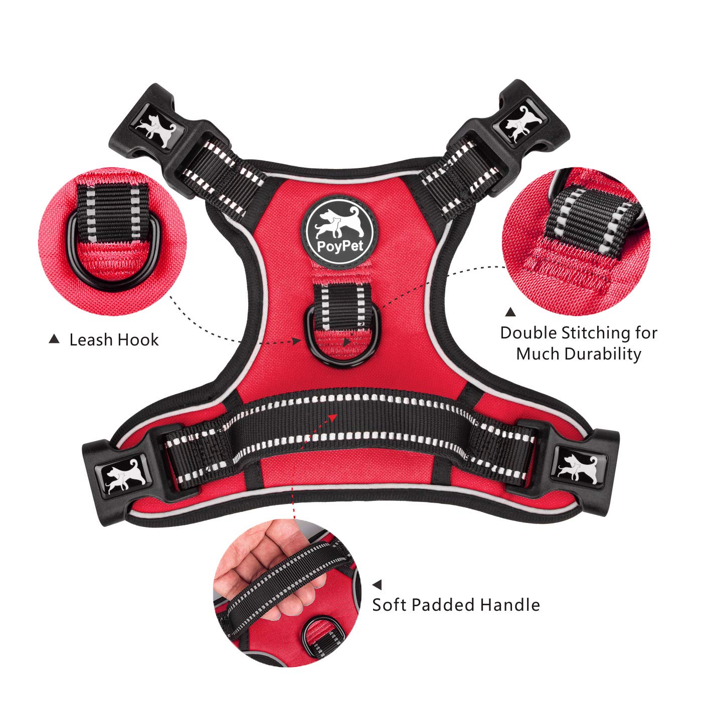 Poypet 2019 Upgraded No Pull Dog Harness With 4 Snap Buckles, 3M Reflective With Front & Back 2 Leash Hooks And An Easy Control Handle [No Need Go Over Dog’S Head (Red,M)