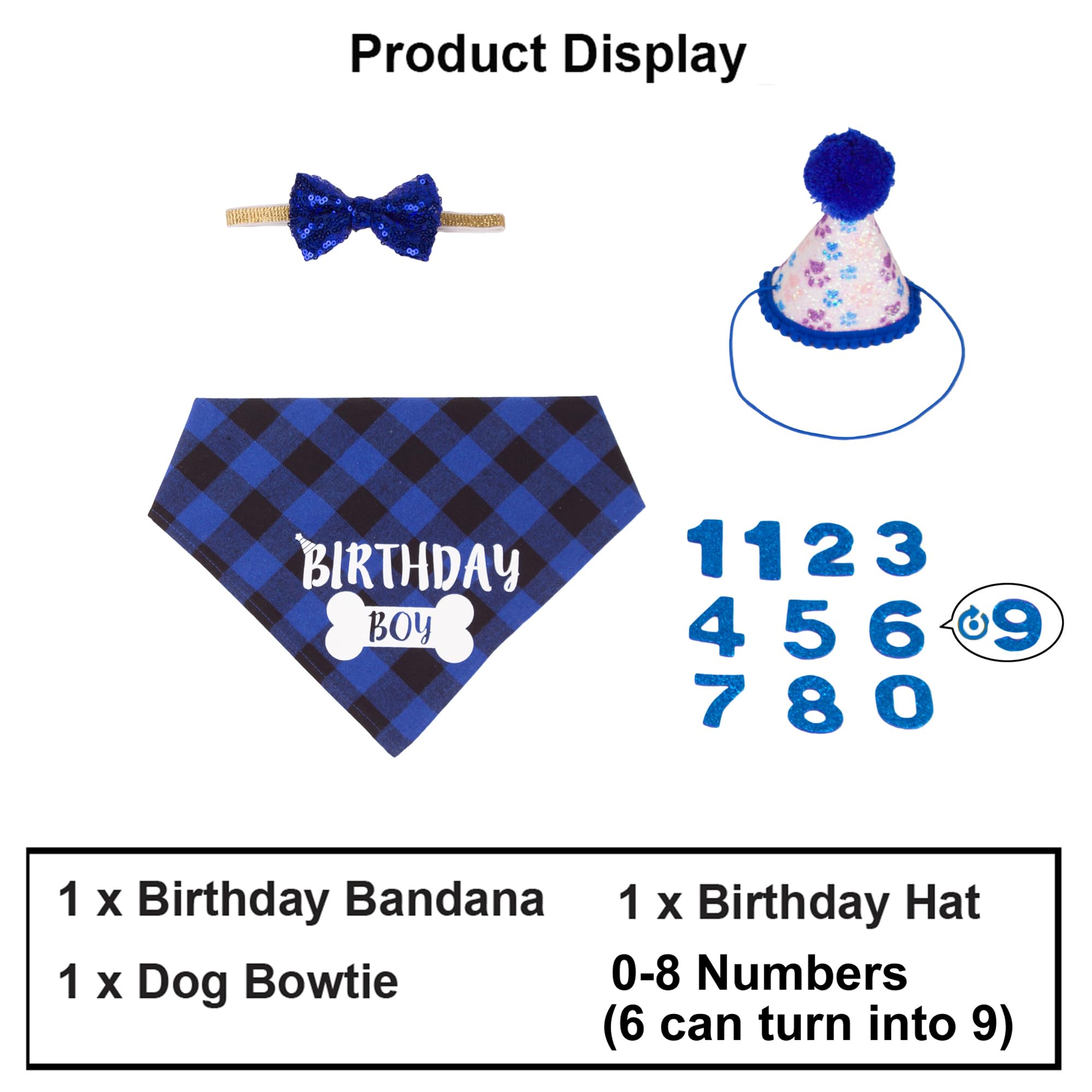Adoggygo Dog Birthday Party Supplies, Pet Party Hat With Numbers, Bow, Blue Plaid Birthday Boy Bandana For Medium Large Dogs (La
