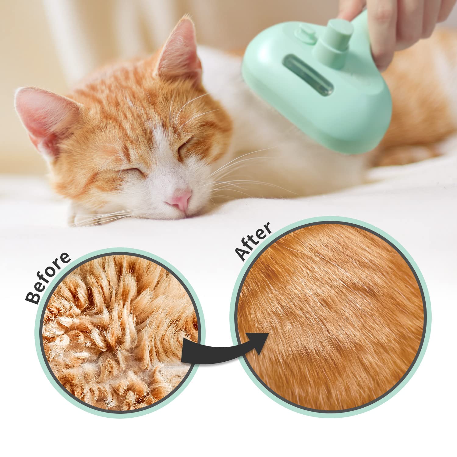 Pecait Cat & Dog Steam Brush - 3 in 1 Self Cleaning, Green, Metal Construction